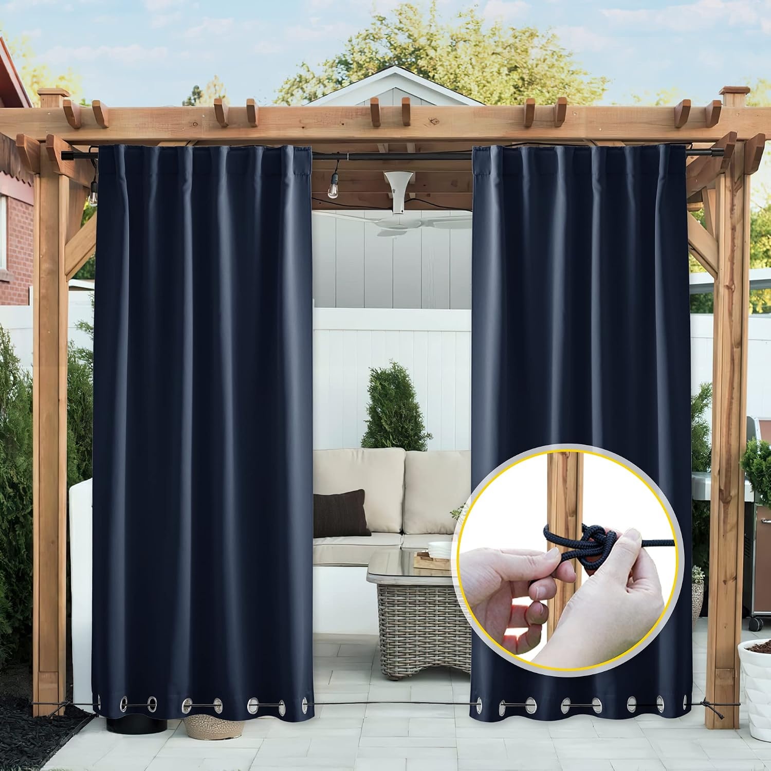image:imageNICETOWN 2 PCs Waterproof Outdoor Curtains for Patio W52xL84 Biscotti BeigeNavy Blue