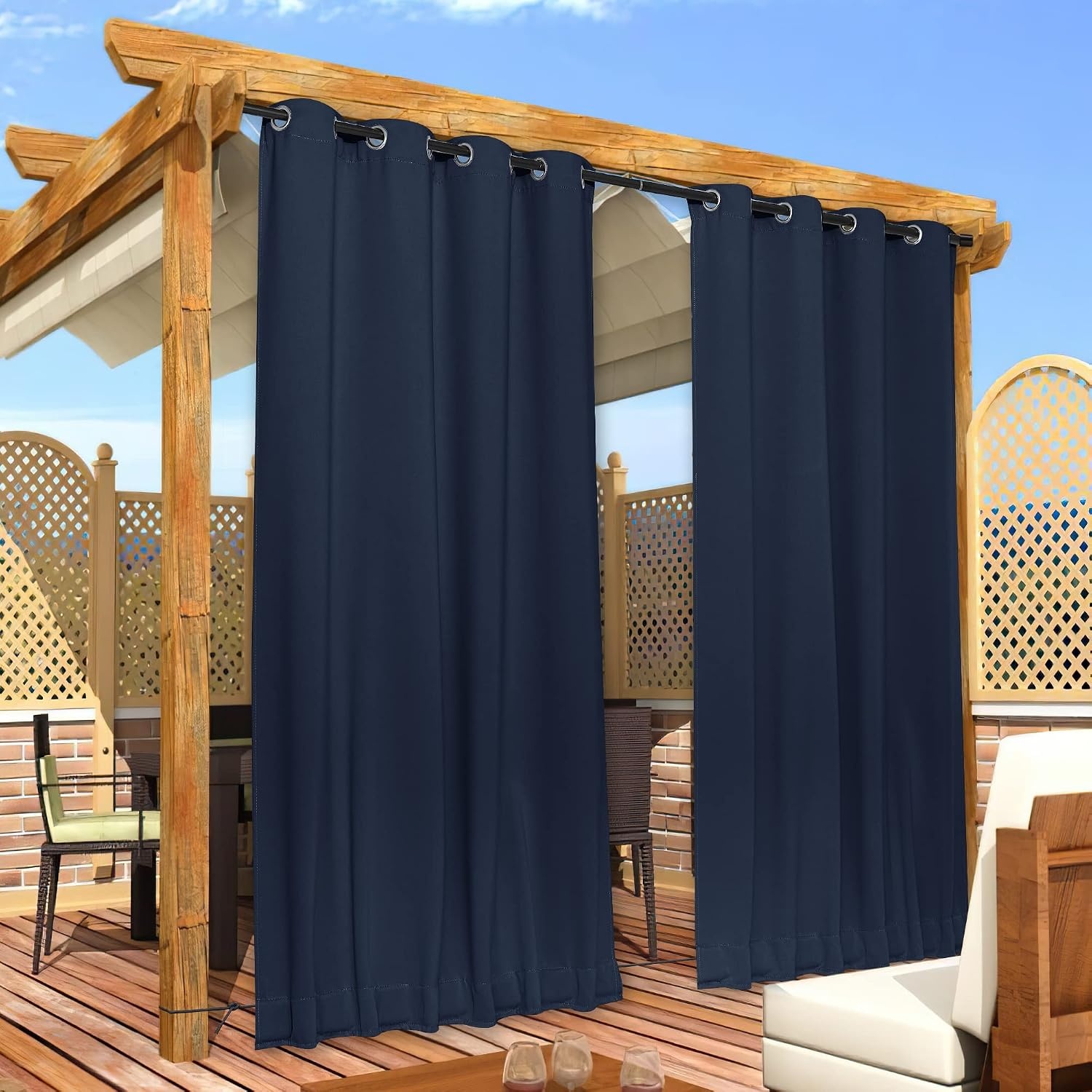 image:imageNICETOWN 2 PCs Waterproof Outdoor Curtains for Patio W52xL84 Biscotti BeigeNavy Blue