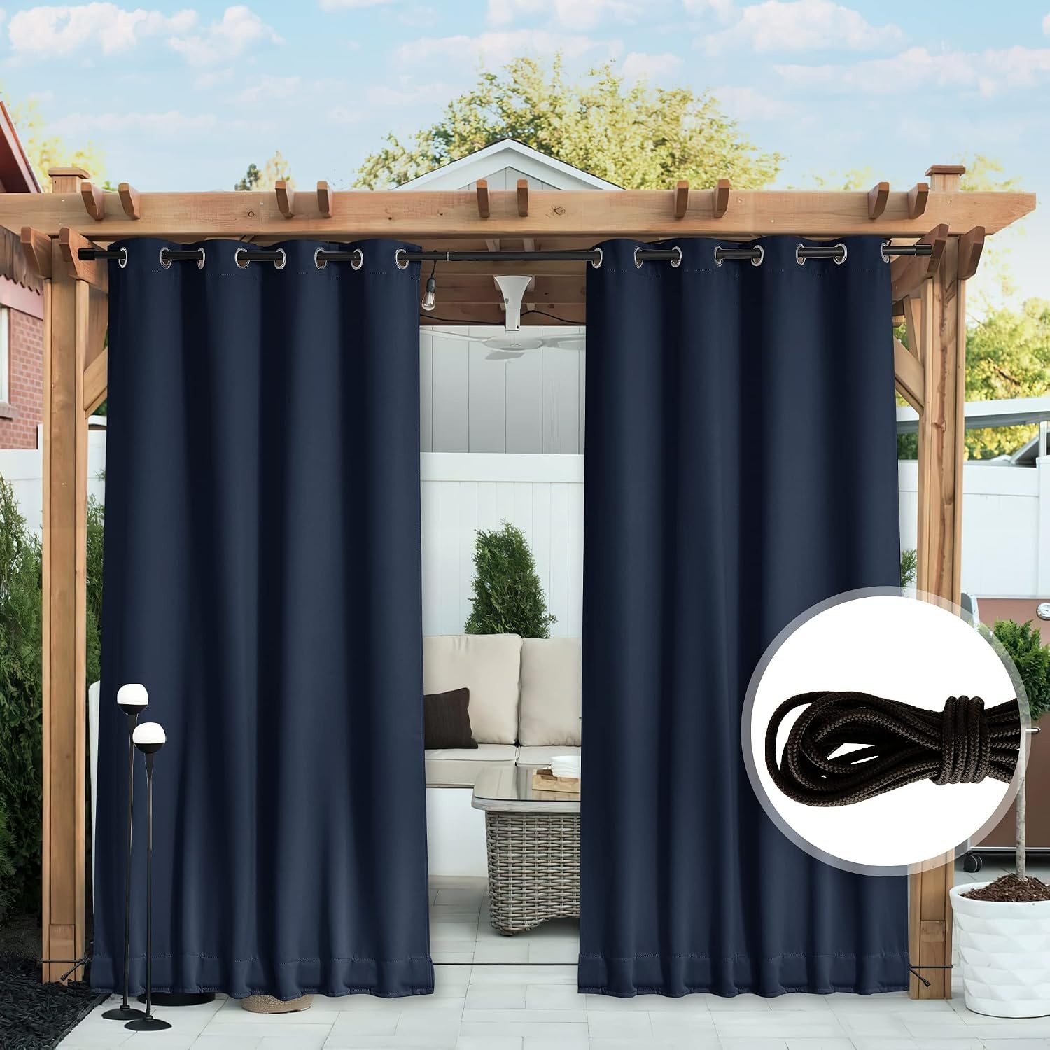 image:imageNICETOWN 2 PCs Waterproof Outdoor Curtains for Patio W52xL84 Biscotti BeigeNavy Blue