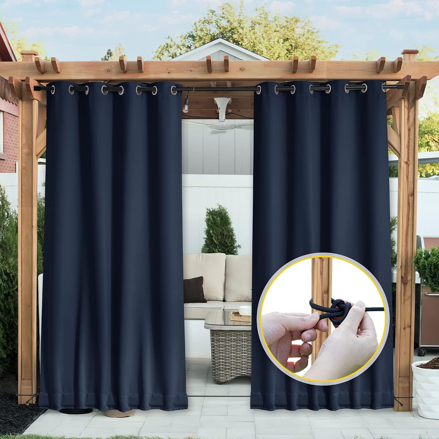 image:imageNICETOWN 2 PCs Waterproof Outdoor Curtains for Patio W52xL84 Biscotti BeigeNavy Blue