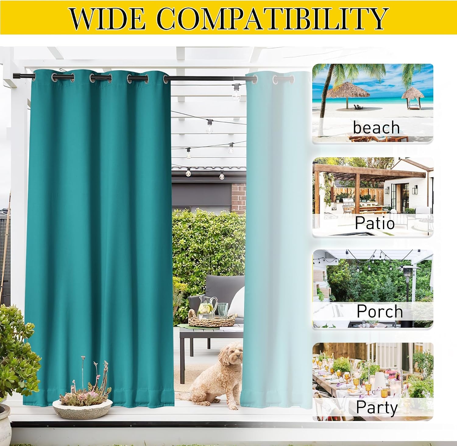 image:imageNICETOWN 2 PCs Waterproof Outdoor Curtains for Patio W52xL84 Biscotti BeigePeacock Teal