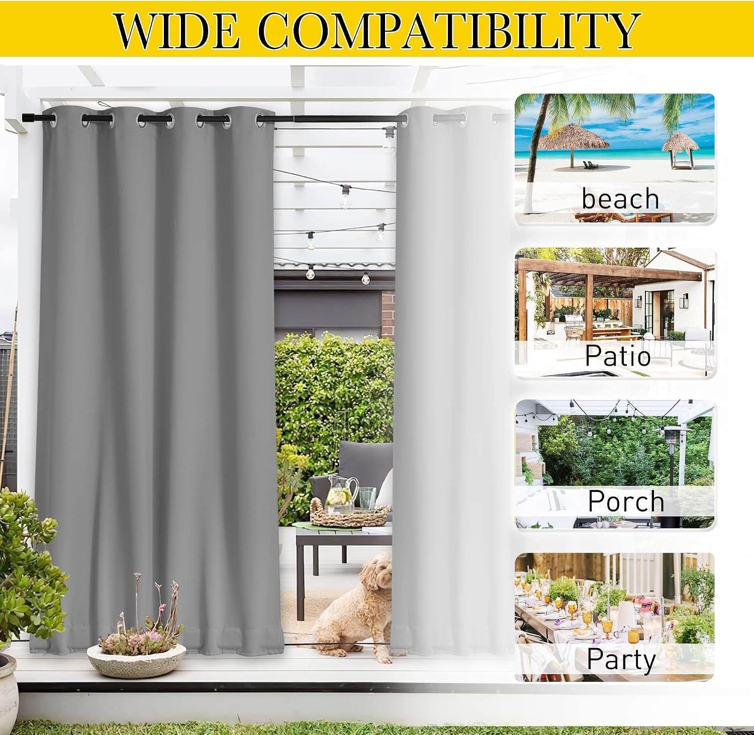 image:imageNICETOWN 2 PCs Waterproof Outdoor Curtains for Patio W52xL84 Biscotti BeigeSilver Grey