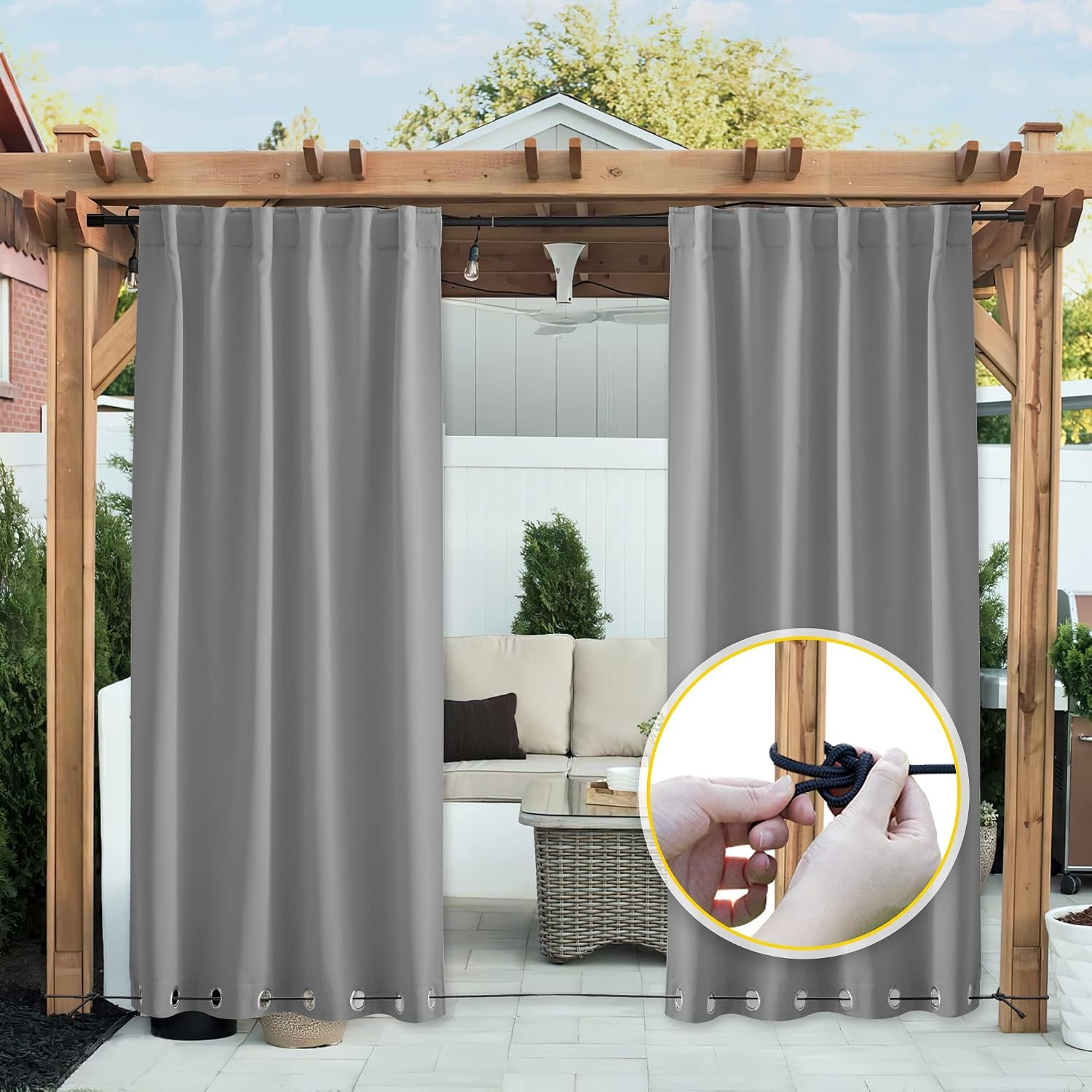 image:imageNICETOWN 2 PCs Waterproof Outdoor Curtains for Patio W52xL84 Biscotti BeigeSilver Grey