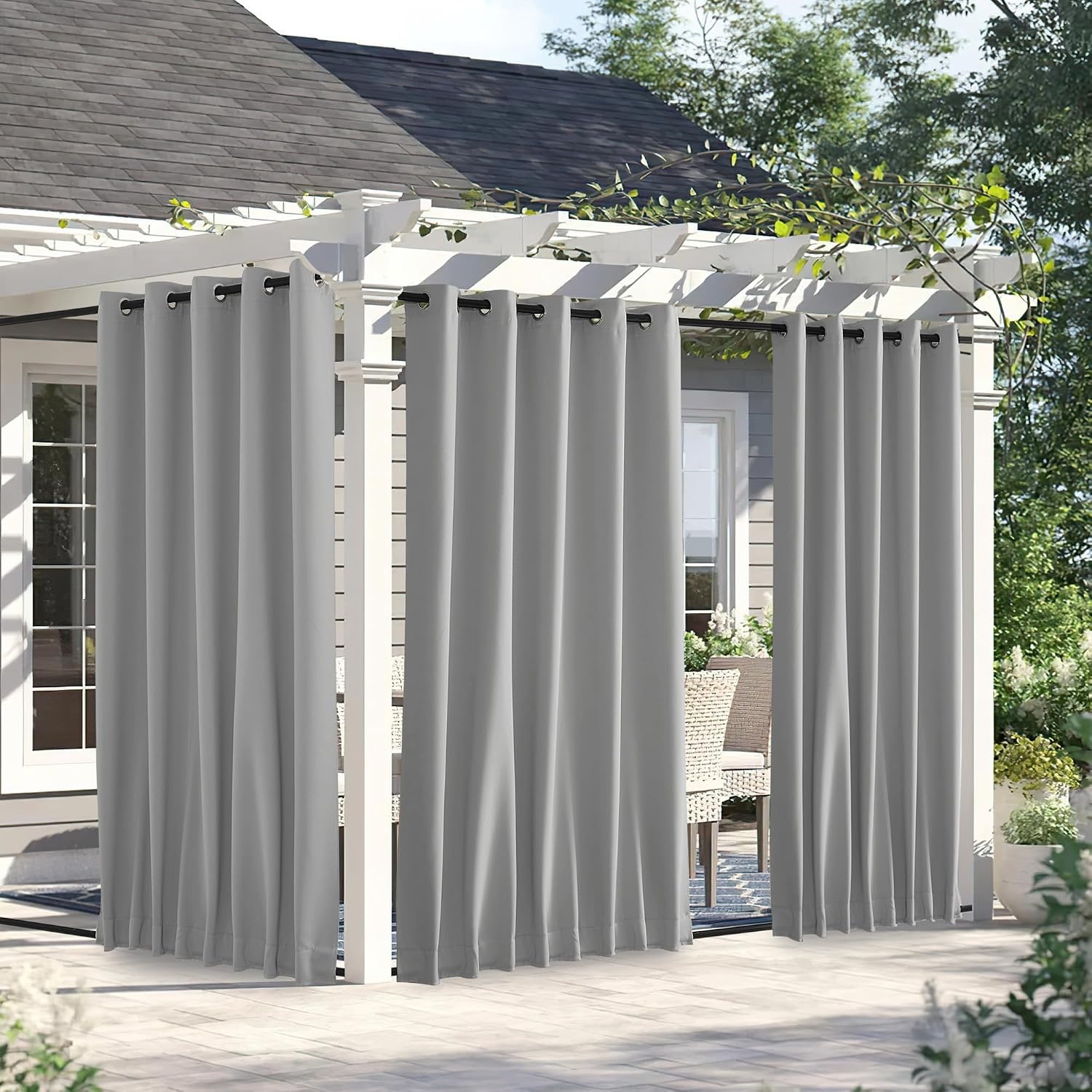image:imageNICETOWN 2 PCs Waterproof Outdoor Curtains for Patio W52xL84 Biscotti BeigeSilver Grey