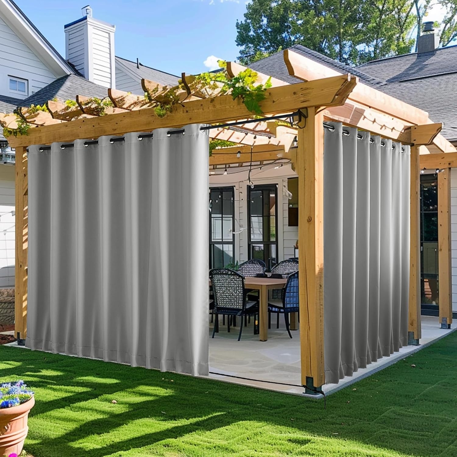 image:imageNICETOWN 2 PCs Waterproof Outdoor Curtains for Patio W52xL84 Biscotti BeigeSilver Grey