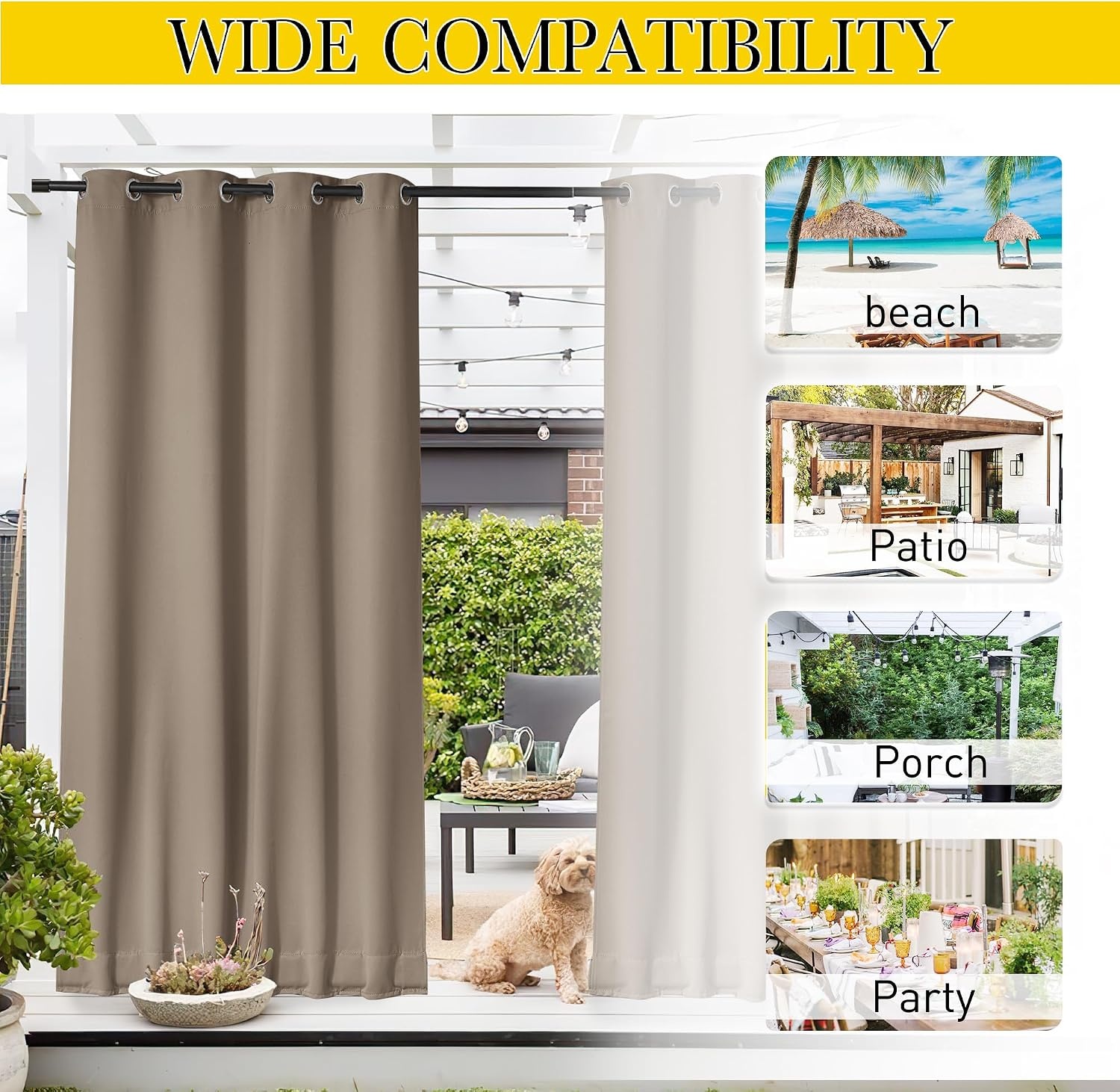 image:imageNICETOWN 2 PCs Waterproof Outdoor Curtains for Patio W52xL84 Biscotti BeigeSoft Brown