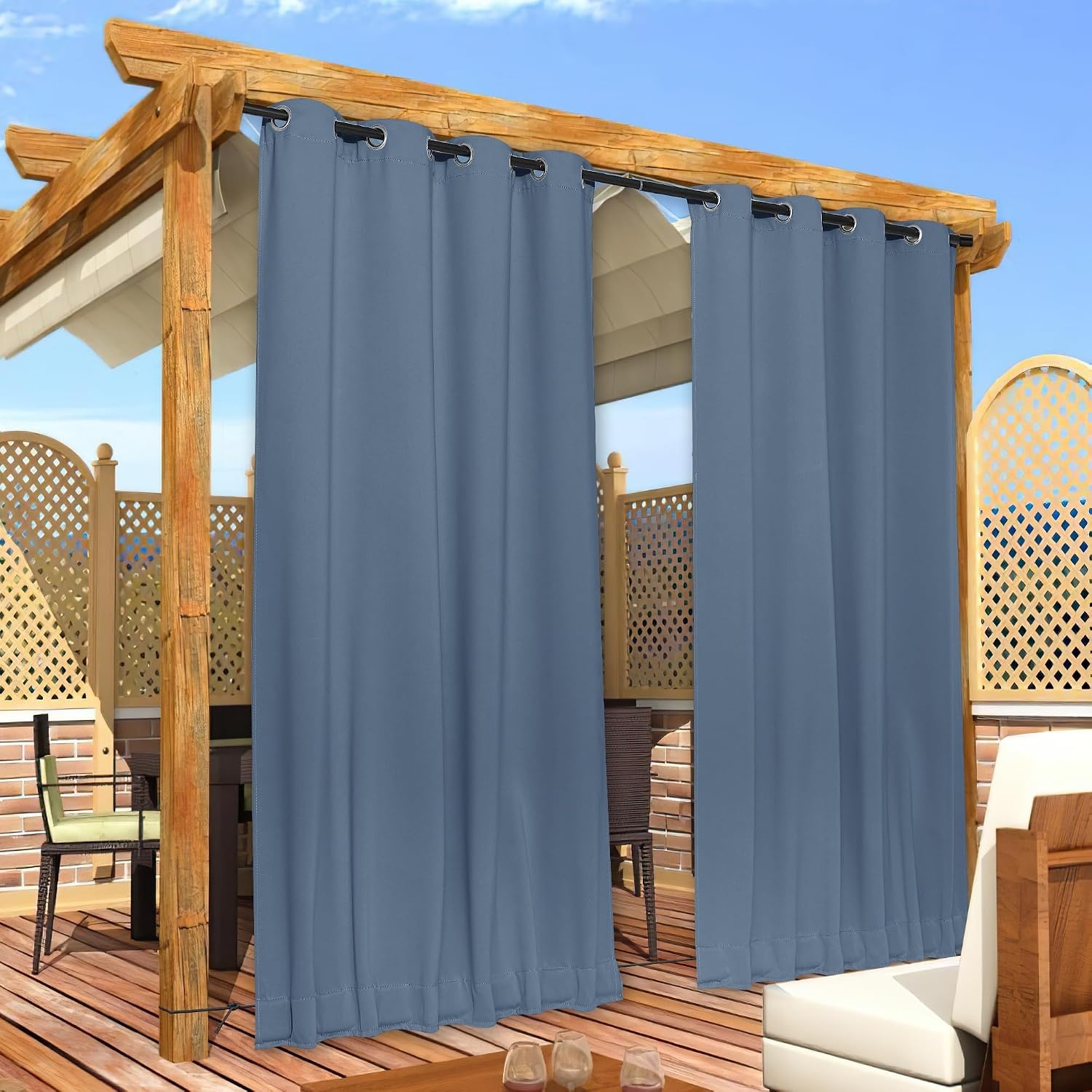 image:imageNICETOWN 2 PCs Waterproof Outdoor Curtains for Patio W52xL84 Biscotti BeigeStone Blue