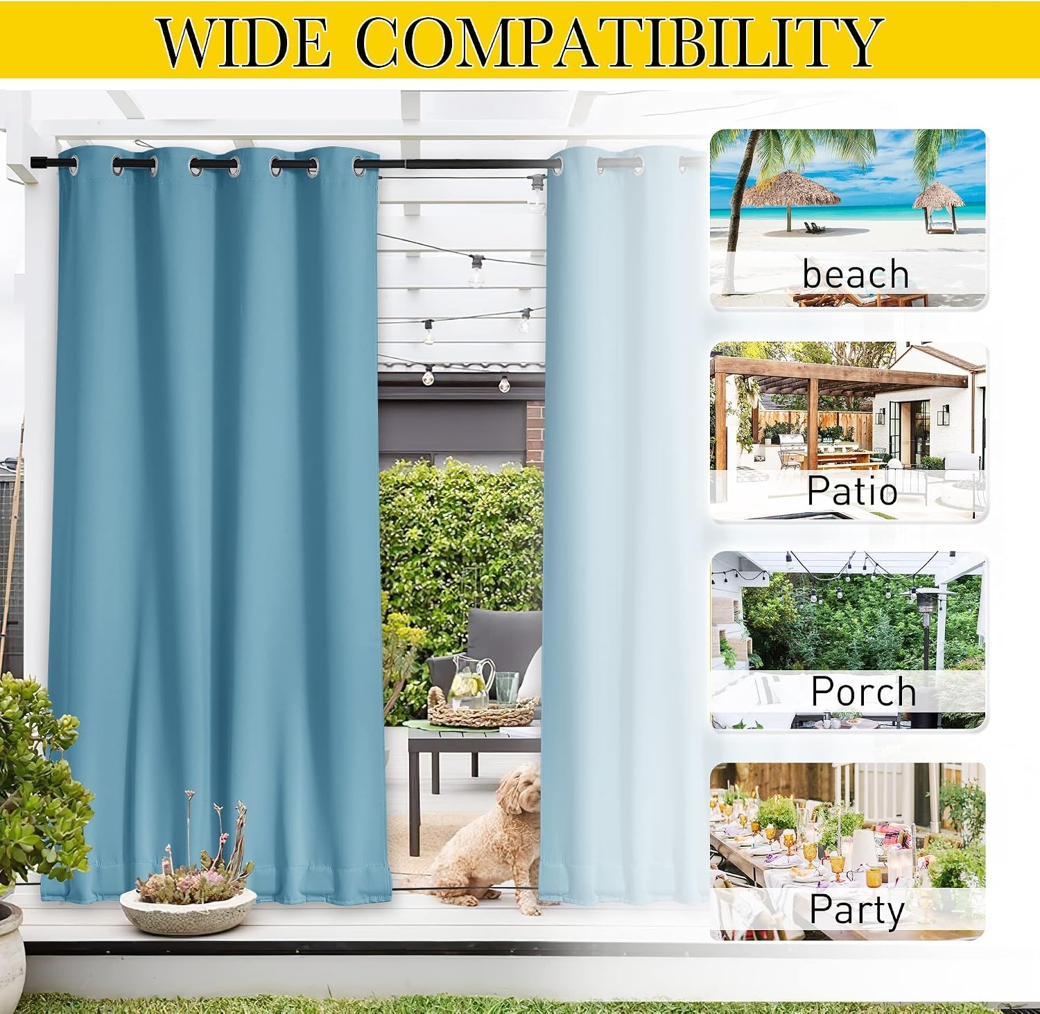image:imageNICETOWN 2 PCs Waterproof Outdoor Curtains for Patio W52xL84 Biscotti BeigeTeal Blue