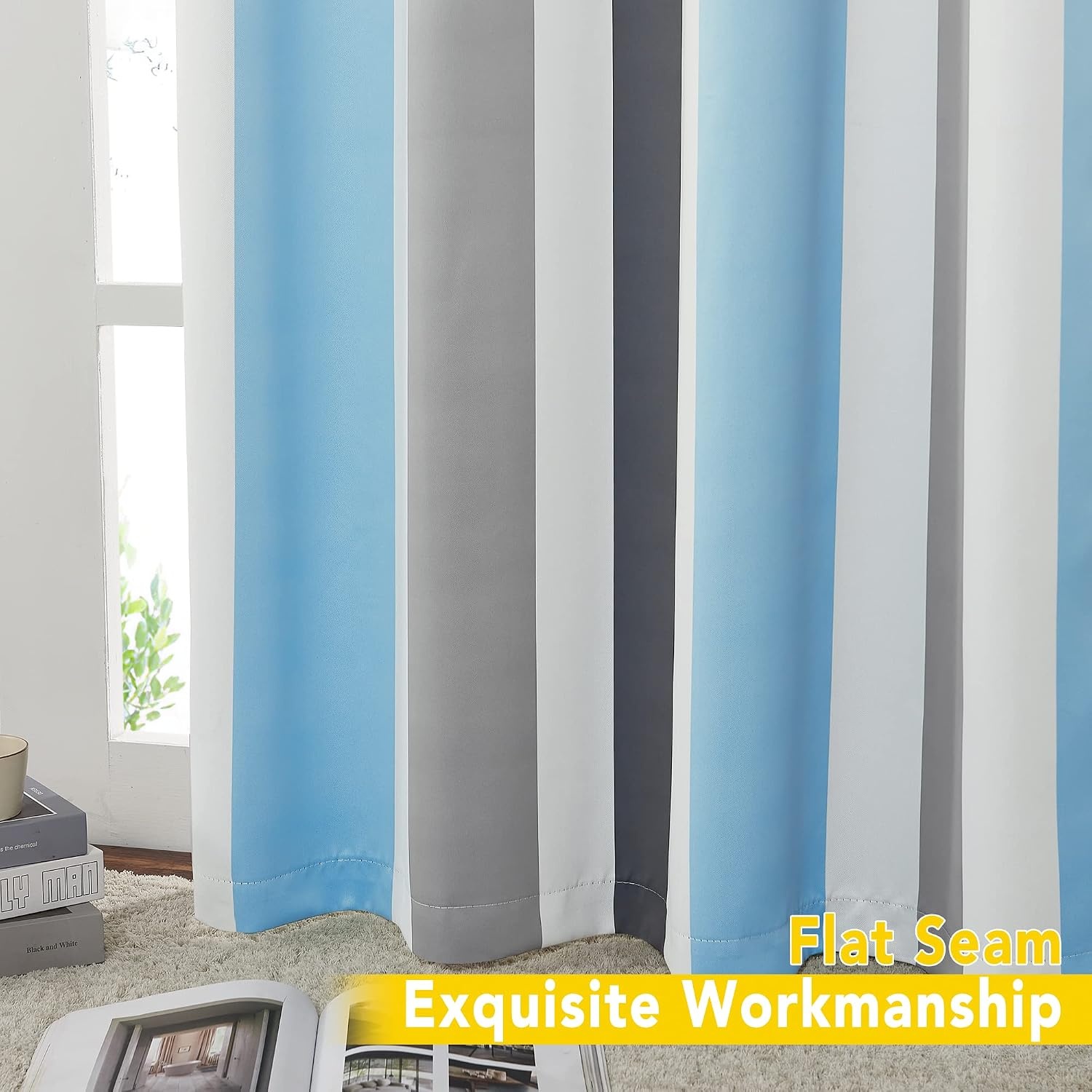 image:imageNICETOWN 100 Blackout Ombre Rainbow Curtains for Kids 52 x 84 2 PanelsBlue Grey