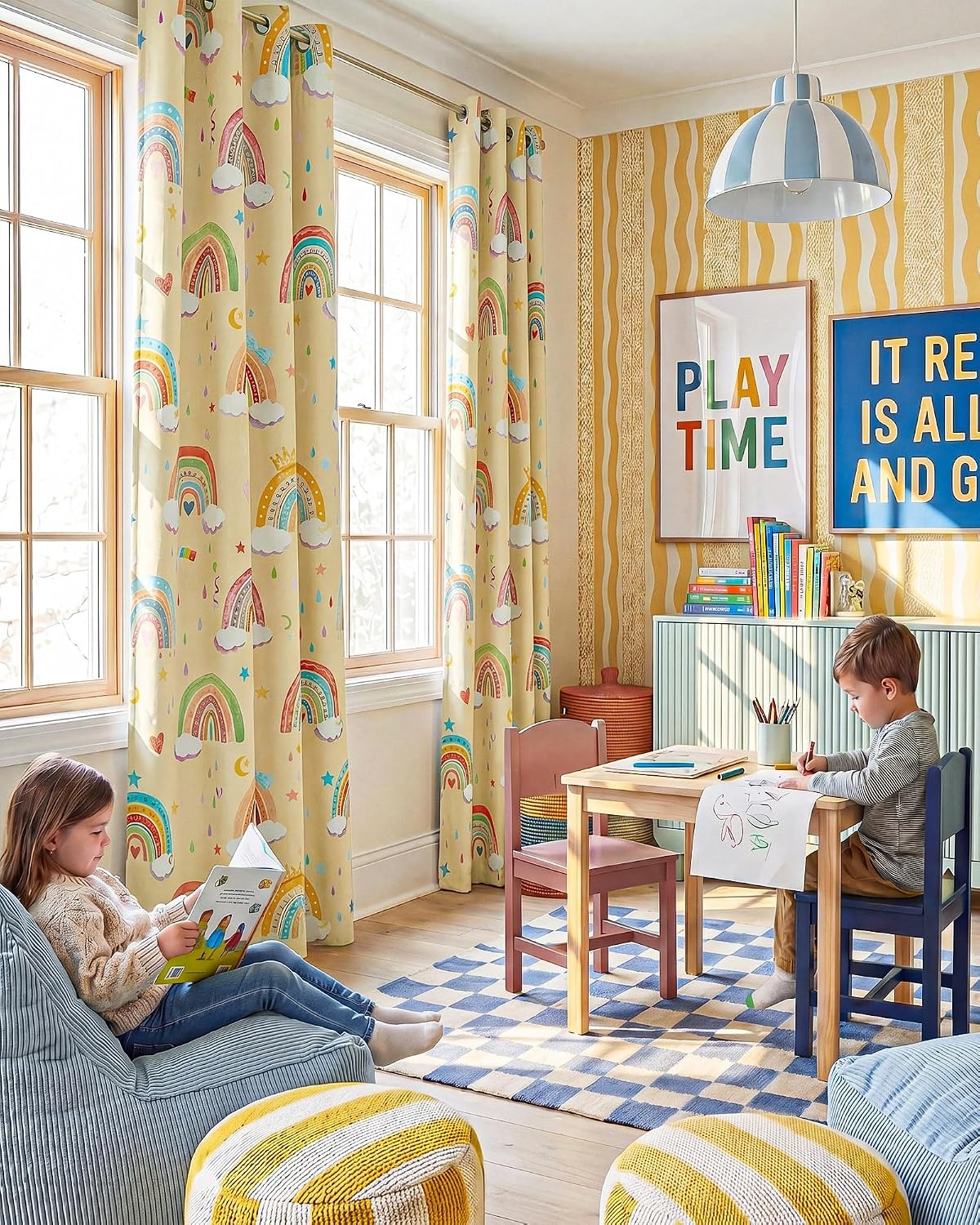 image:imageNICETOWN 100 Blackout Ombre Rainbow Curtains for Kids 52 x 84 2 PanelsPaler Yellow