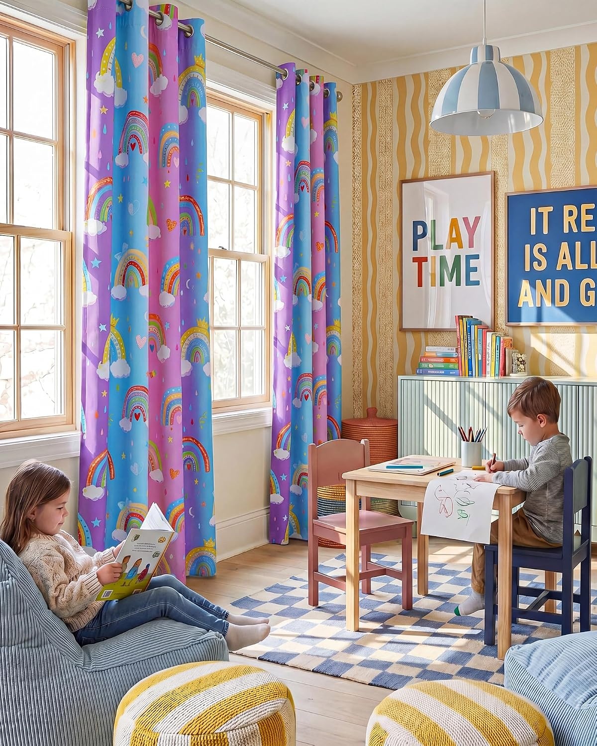 image:imageNICETOWN 100 Blackout Ombre Rainbow Curtains for Kids 52 x 84 2 PanelsPurple Blue Pink Rainbow