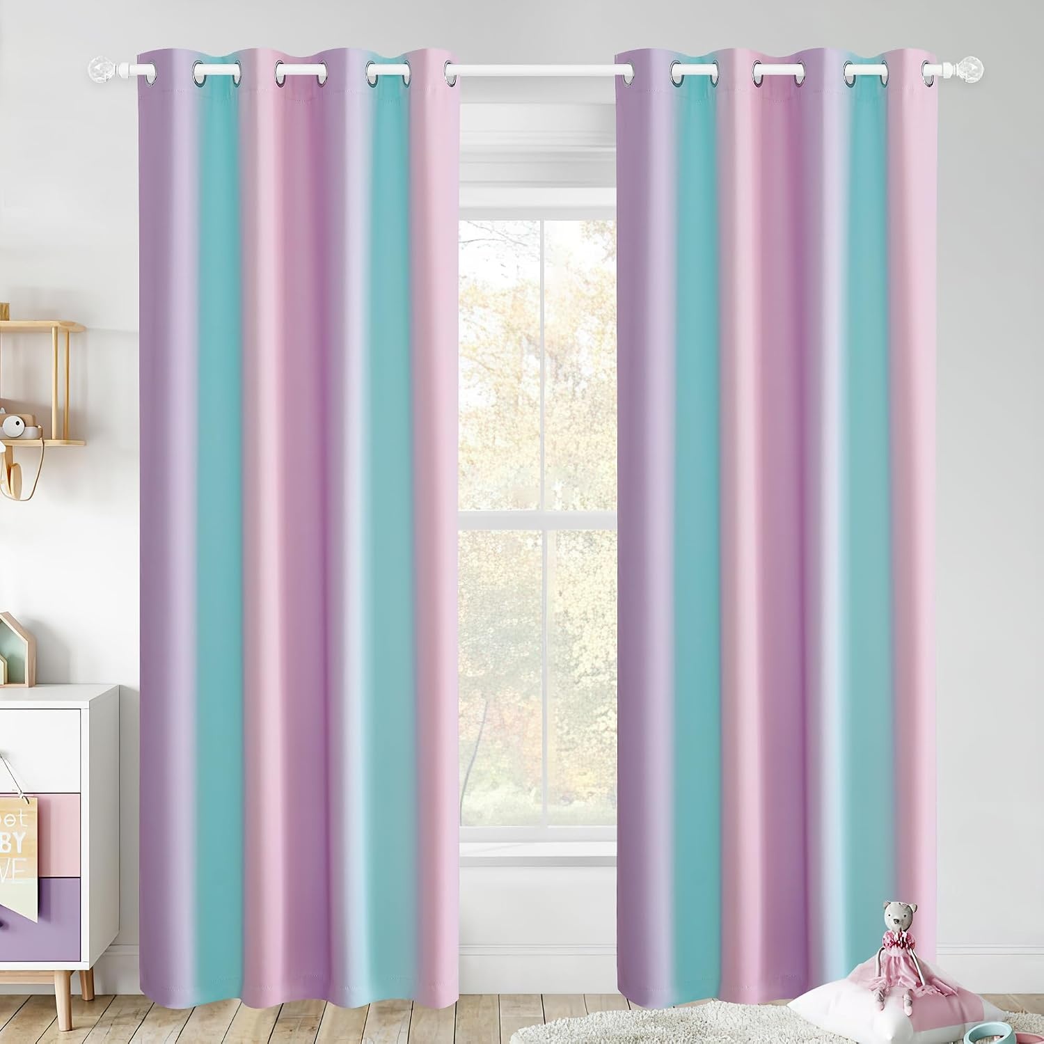 image:imageNICETOWN 100 Blackout Ombre Rainbow Curtains for Kids 52 x 84 2 PanelsPurple Blue Pink