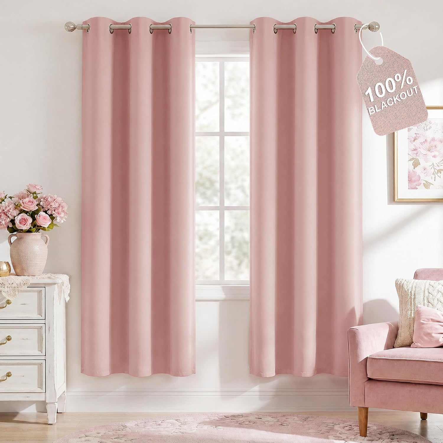 image:imageNICETOWN 100 Blackout Sage Green Curtains for Bedroom W40xL63 2 PanelsPink