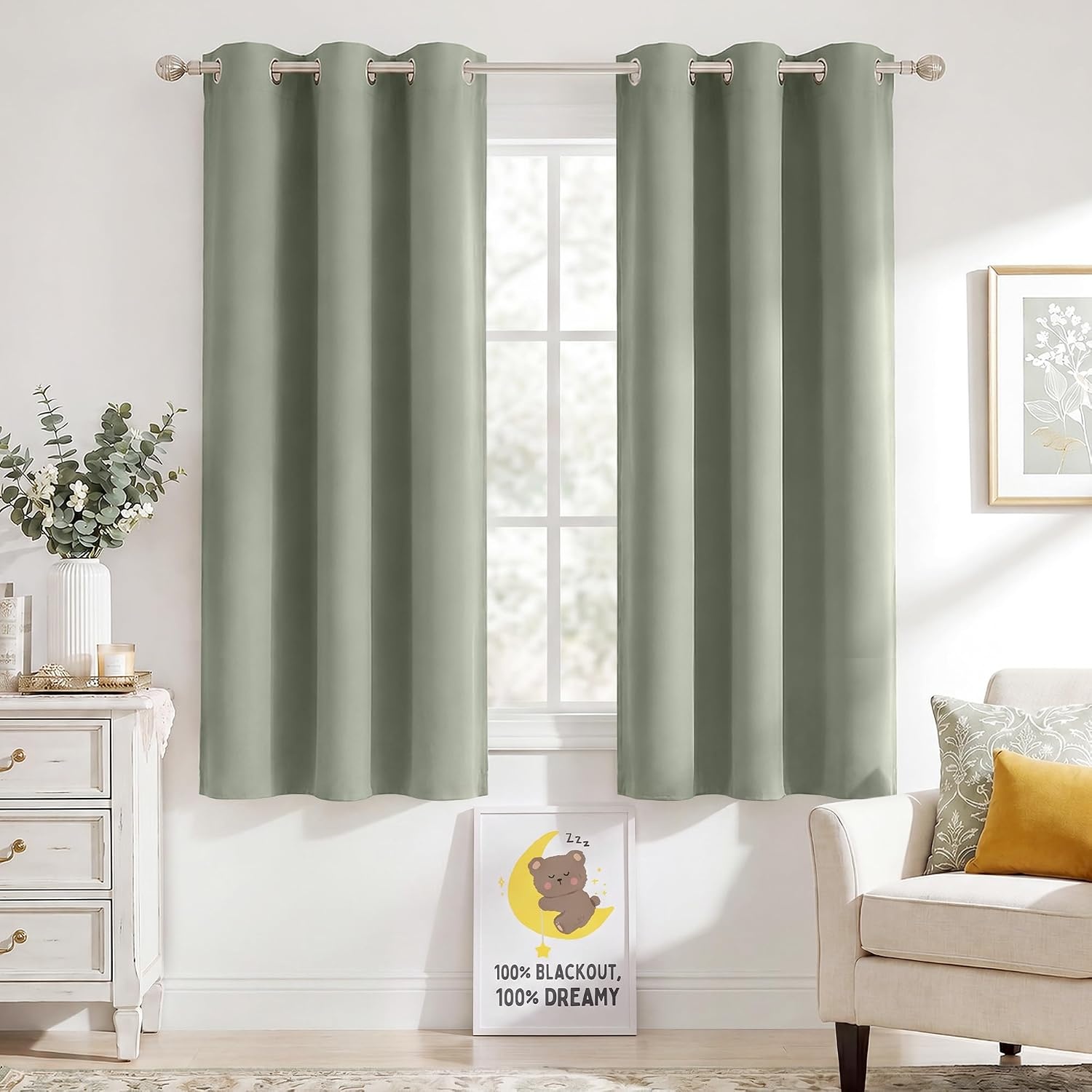 image:imageNICETOWN 100 Blackout Sage Green Curtains for Bedroom W40xL63 2 PanelsSage Green