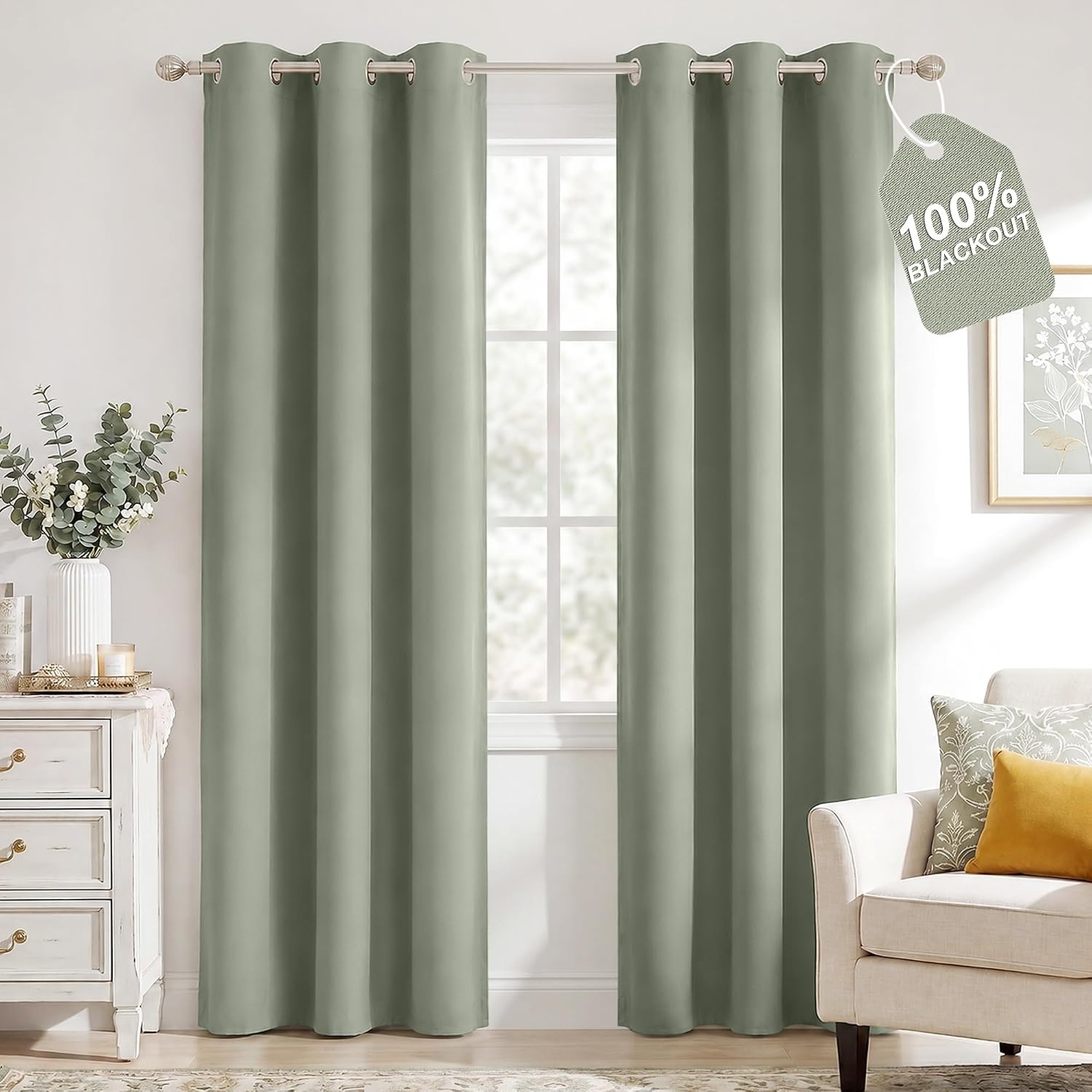 image:imageNICETOWN 100 Blackout Sage Green Curtains for Bedroom W40xL63 2 PanelsSage Green