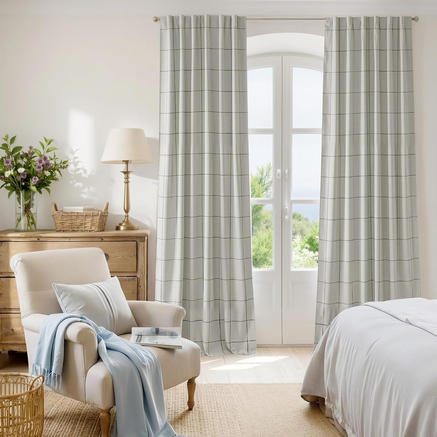 image:imageNICETOWN 100 Blackout Taupe Plaid Curtains for Bedroom W52xL84 2 PanelsBlack