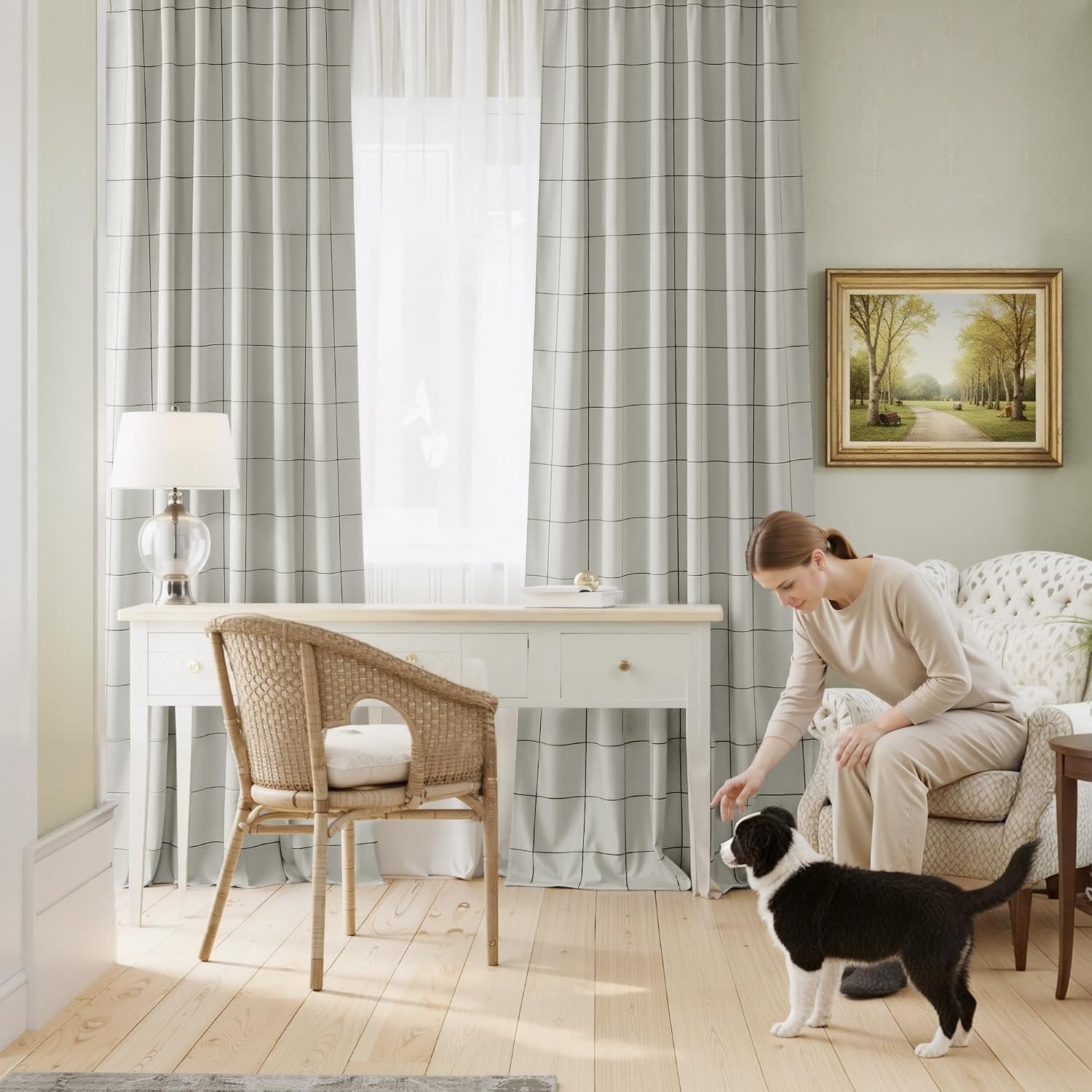 image:imageNICETOWN 100 Blackout Taupe Plaid Curtains for Bedroom W52xL84 2 PanelsBlack