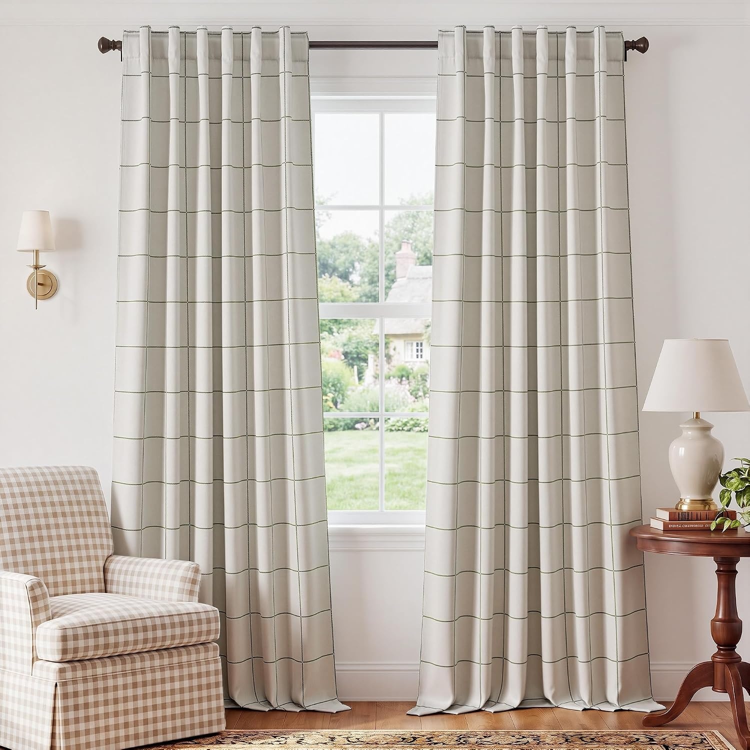image:imageNICETOWN 100 Blackout Taupe Plaid Curtains for Bedroom W52xL84 2 PanelsForest Green