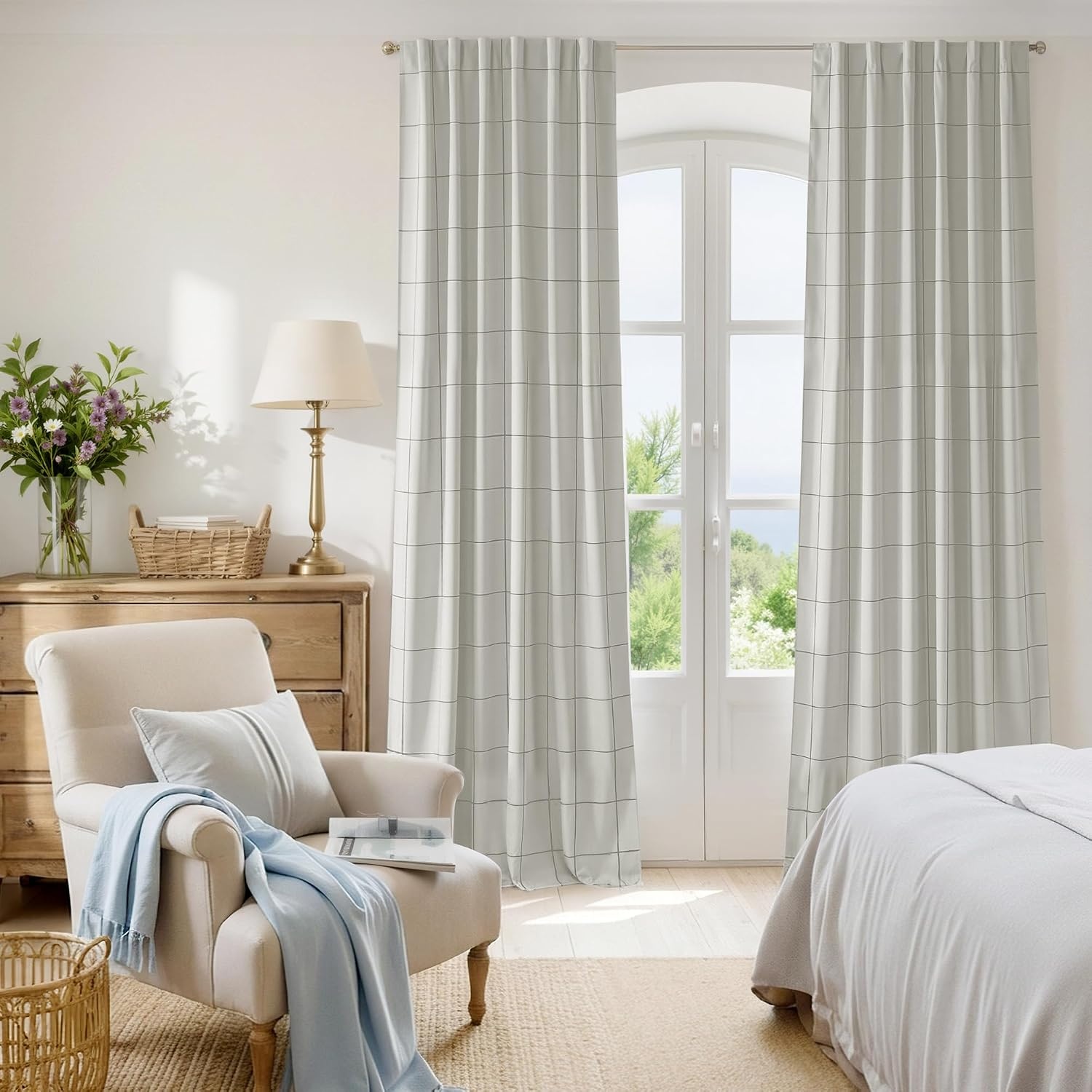 image:imageNICETOWN 100 Blackout Taupe Plaid Curtains for Bedroom W52xL84 2 PanelsGrey