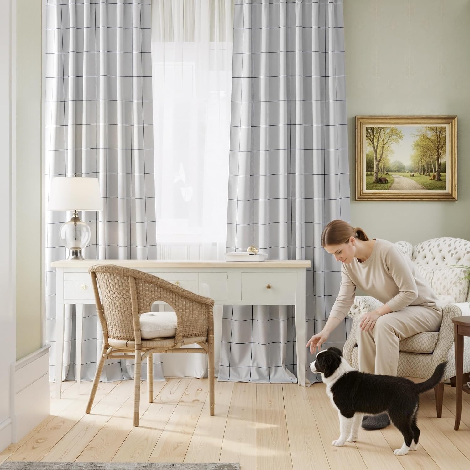 image:imageNICETOWN 100 Blackout Taupe Plaid Curtains for Bedroom W52xL84 2 PanelsNavy Blue