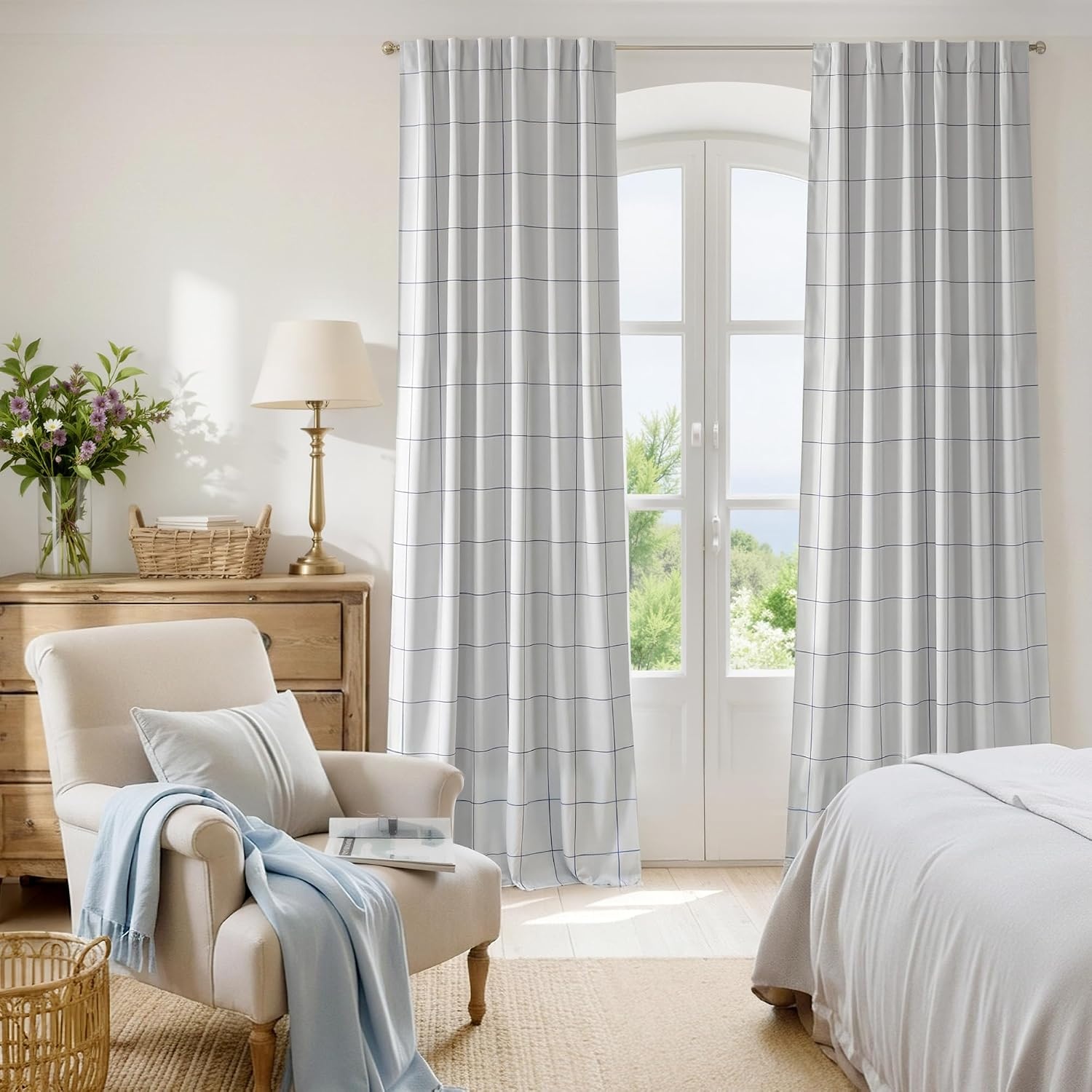 image:imageNICETOWN 100 Blackout Taupe Plaid Curtains for Bedroom W52xL84 2 PanelsNavy Blue