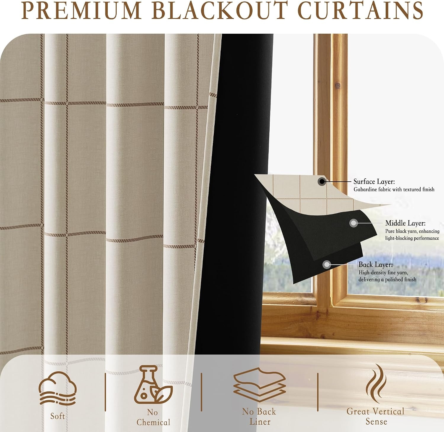 image:imageNICETOWN 100 Blackout Taupe Plaid Curtains for Bedroom W52xL84 2 PanelsTaupe