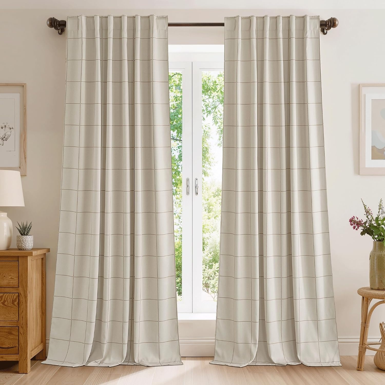 image:imageNICETOWN 100 Blackout Taupe Plaid Curtains for Bedroom W52xL84 2 PanelsTaupe