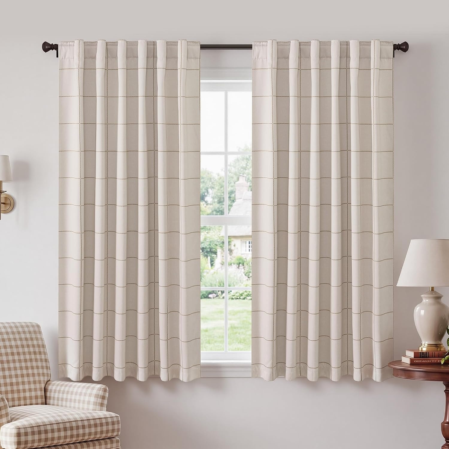 image:imageNICETOWN 100 Blackout Taupe Plaid Curtains for Bedroom W52xL84 2 PanelsTaupe
