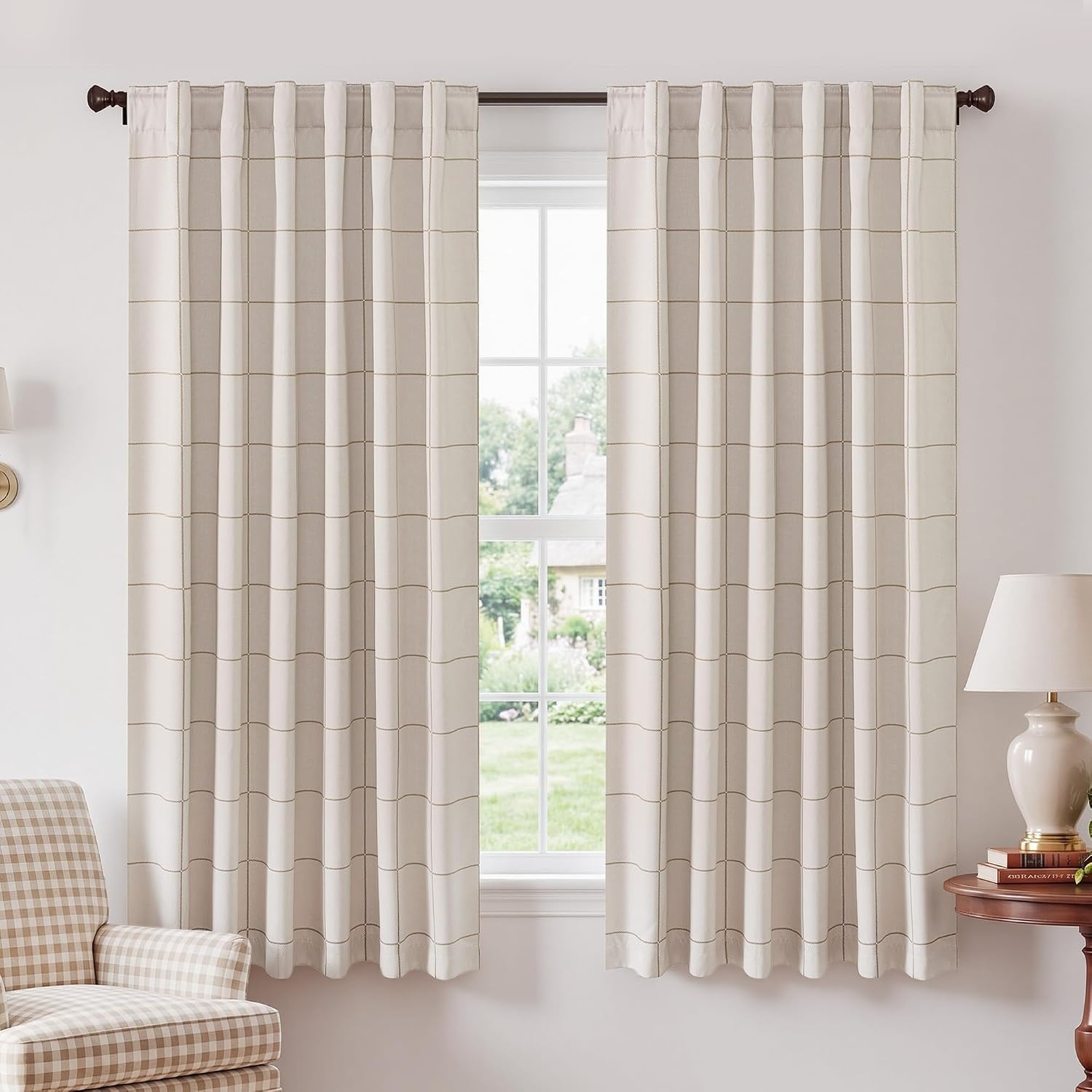 image:imageNICETOWN 100 Blackout Taupe Plaid Curtains for Bedroom W52xL84 2 PanelsTaupe