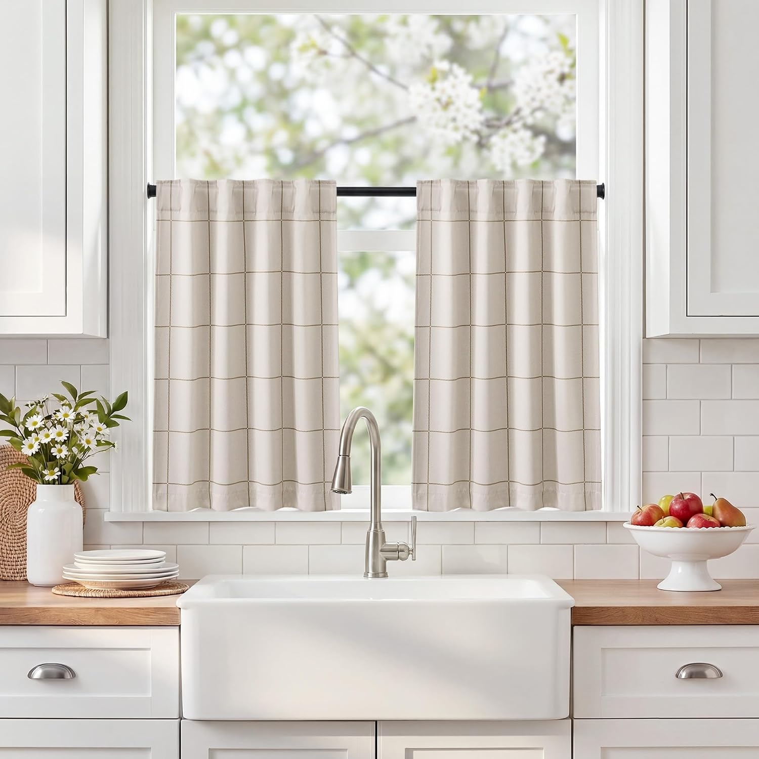 image:imageNICETOWN 100 Blackout Taupe Plaid Curtains for Bedroom W52xL84 2 PanelsTaupe