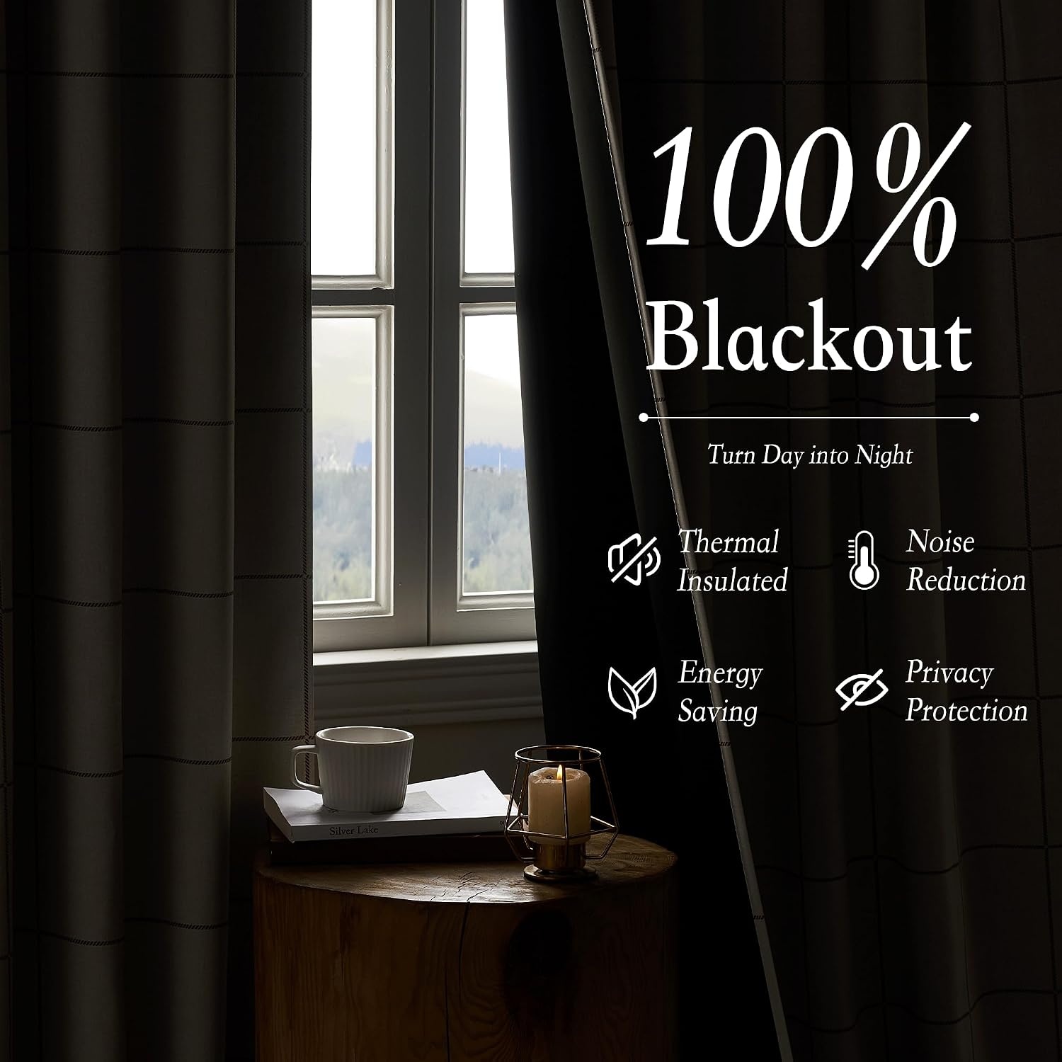 image:imageNICETOWN 100 Blackout Taupe Plaid Curtains for Bedroom W52xL84 2 PanelsTaupe