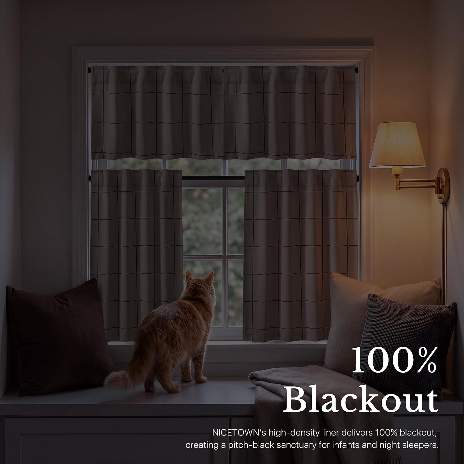 image:imageNICETOWN 100 Blackout Taupe Plaid Curtains for Bedroom W52xL84 2 PanelsTaupe
