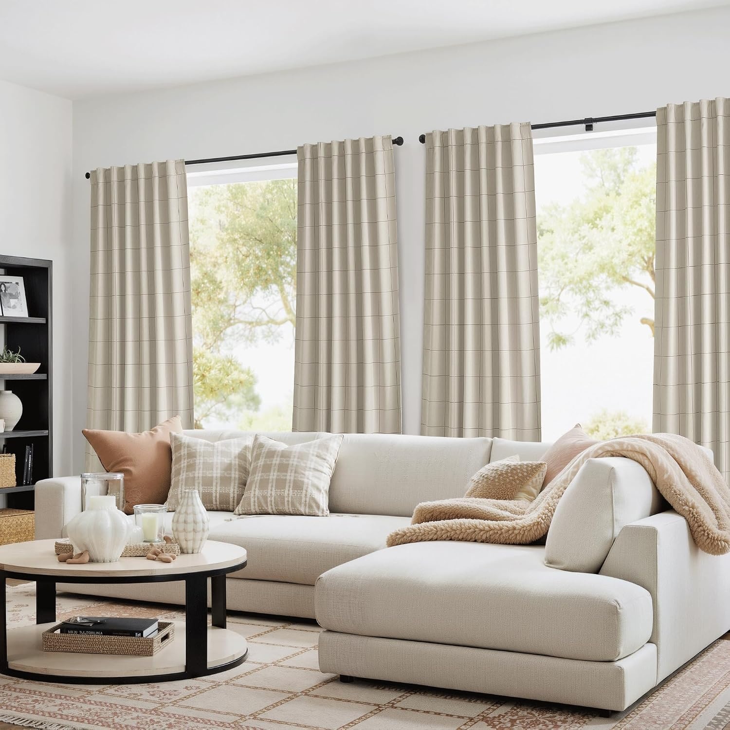 image:imageNICETOWN 100 Blackout Taupe Plaid Curtains for Bedroom W52xL84 2 PanelsTaupe