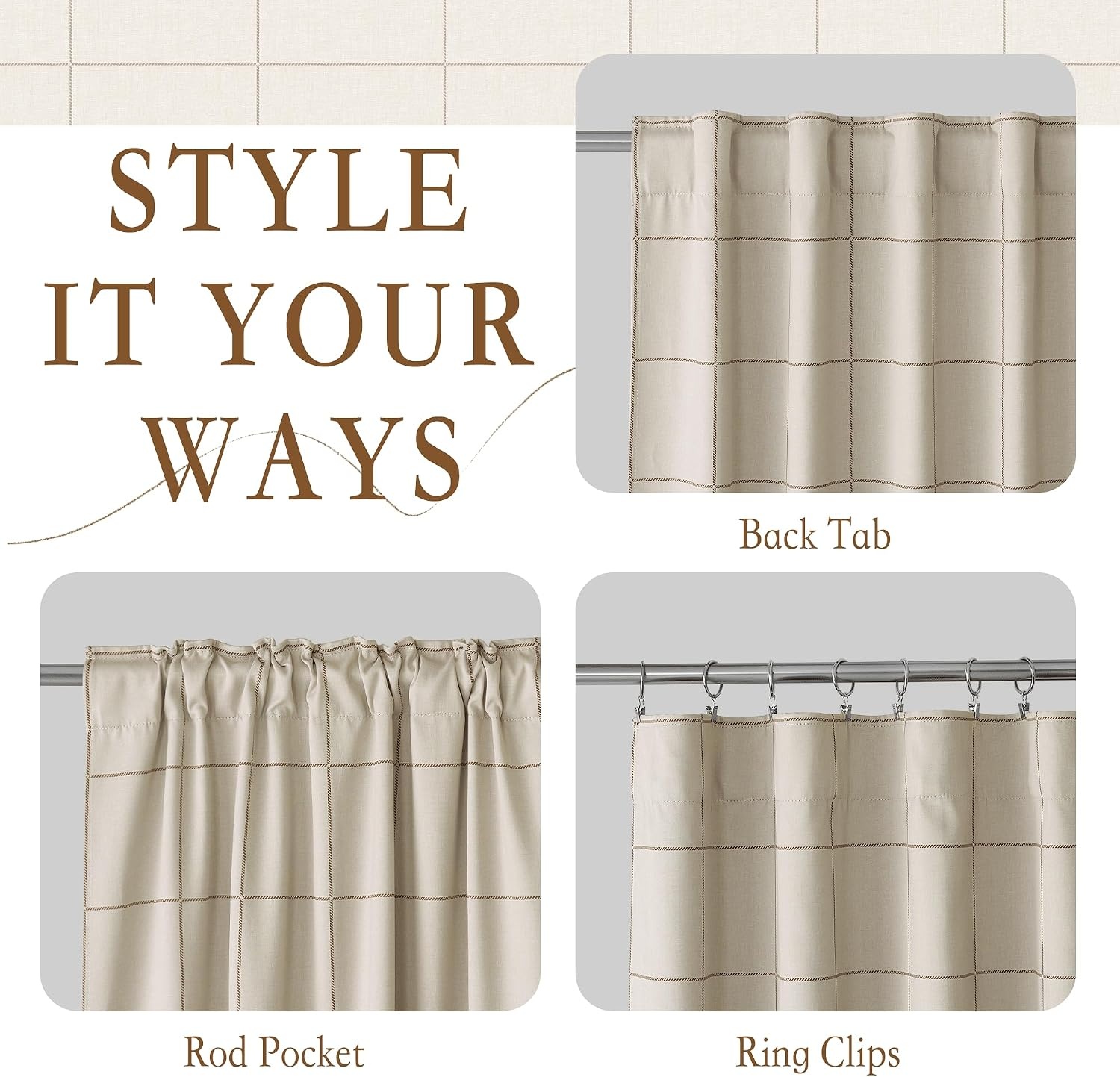 image:imageNICETOWN 100 Blackout Taupe Plaid Curtains for Bedroom W52xL84 2 PanelsTaupe