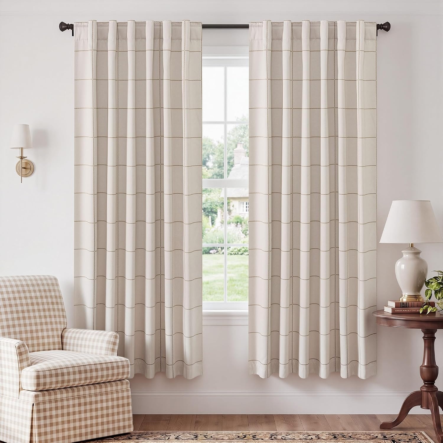 image:imageNICETOWN 100 Blackout Taupe Plaid Curtains for Bedroom W52xL84 2 PanelsTaupe