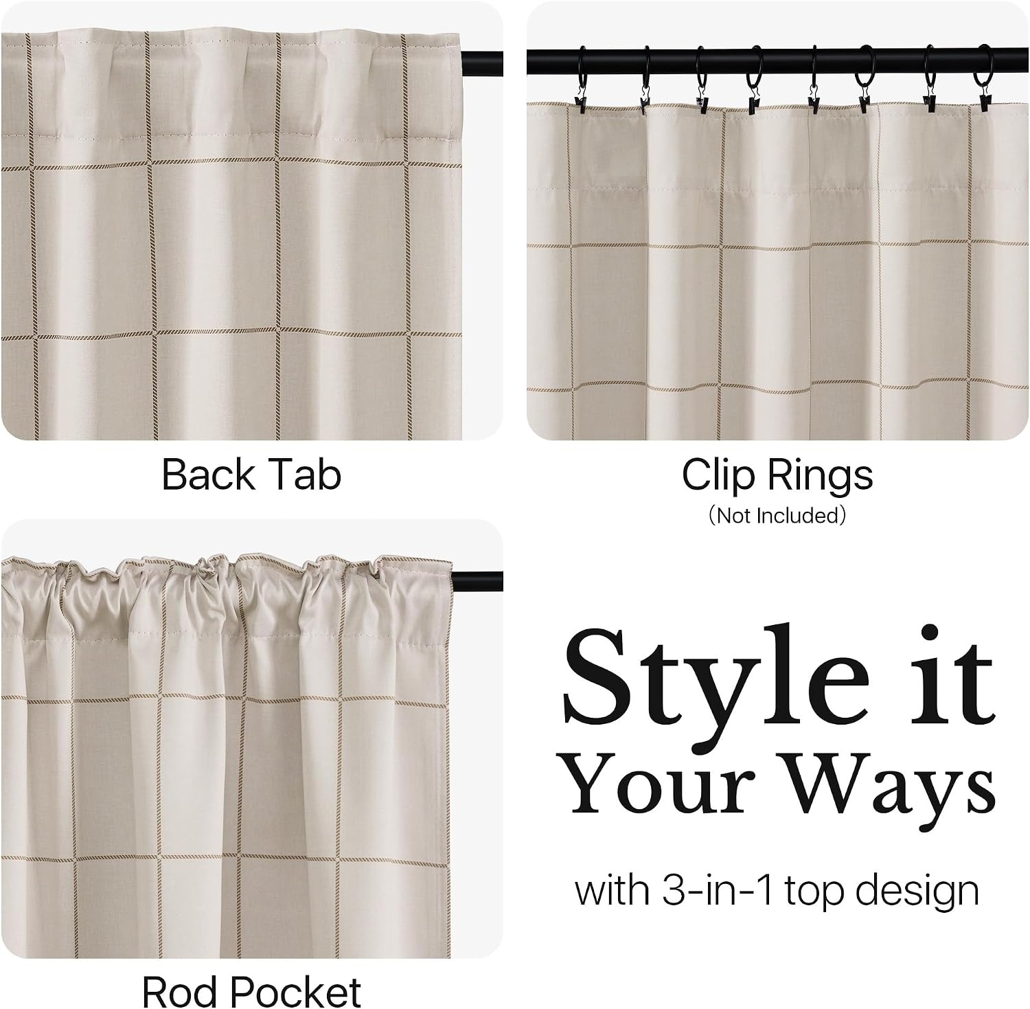 image:imageNICETOWN 100 Blackout Taupe Plaid Curtains for Bedroom W52xL84 2 PanelsTaupe