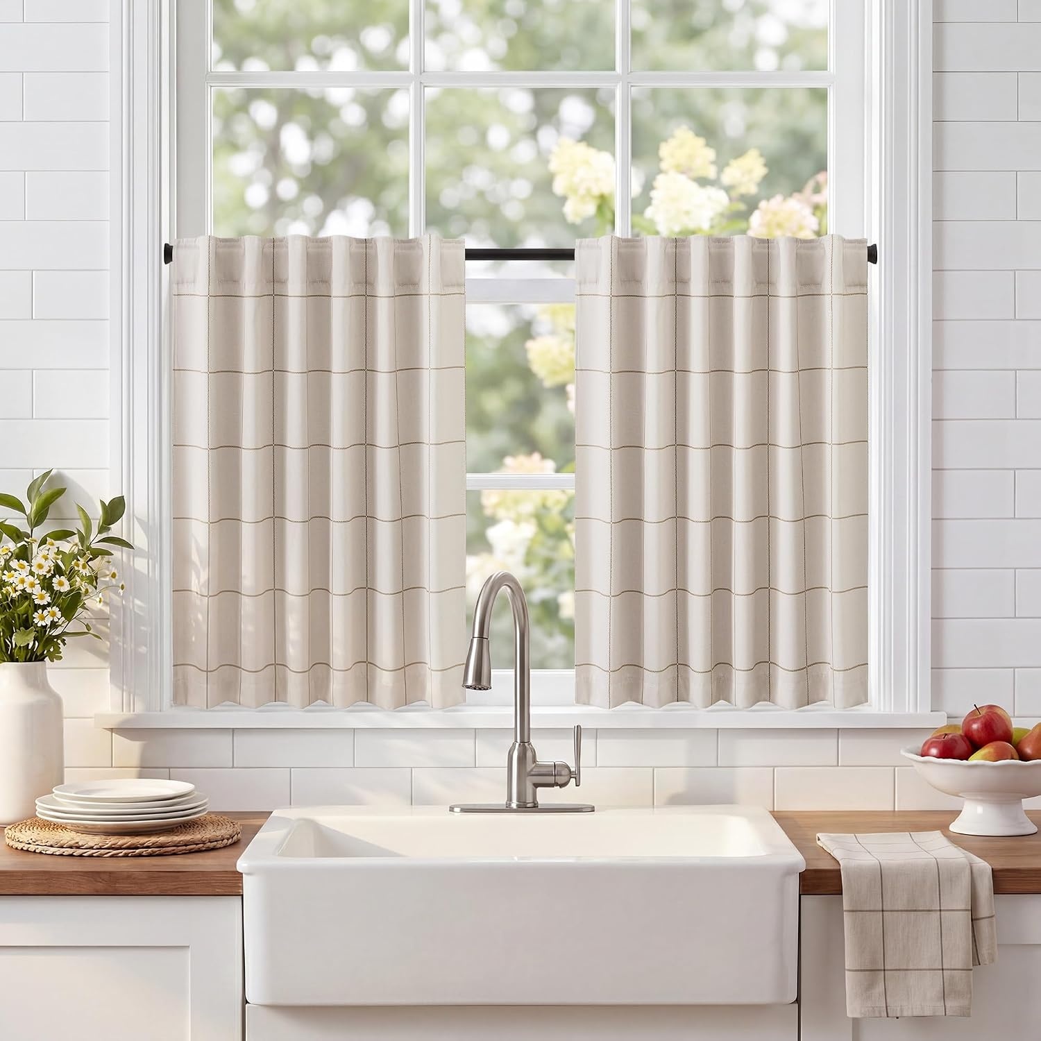 image:imageNICETOWN 100 Blackout Taupe Plaid Curtains for Bedroom W52xL84 2 PanelsTaupe
