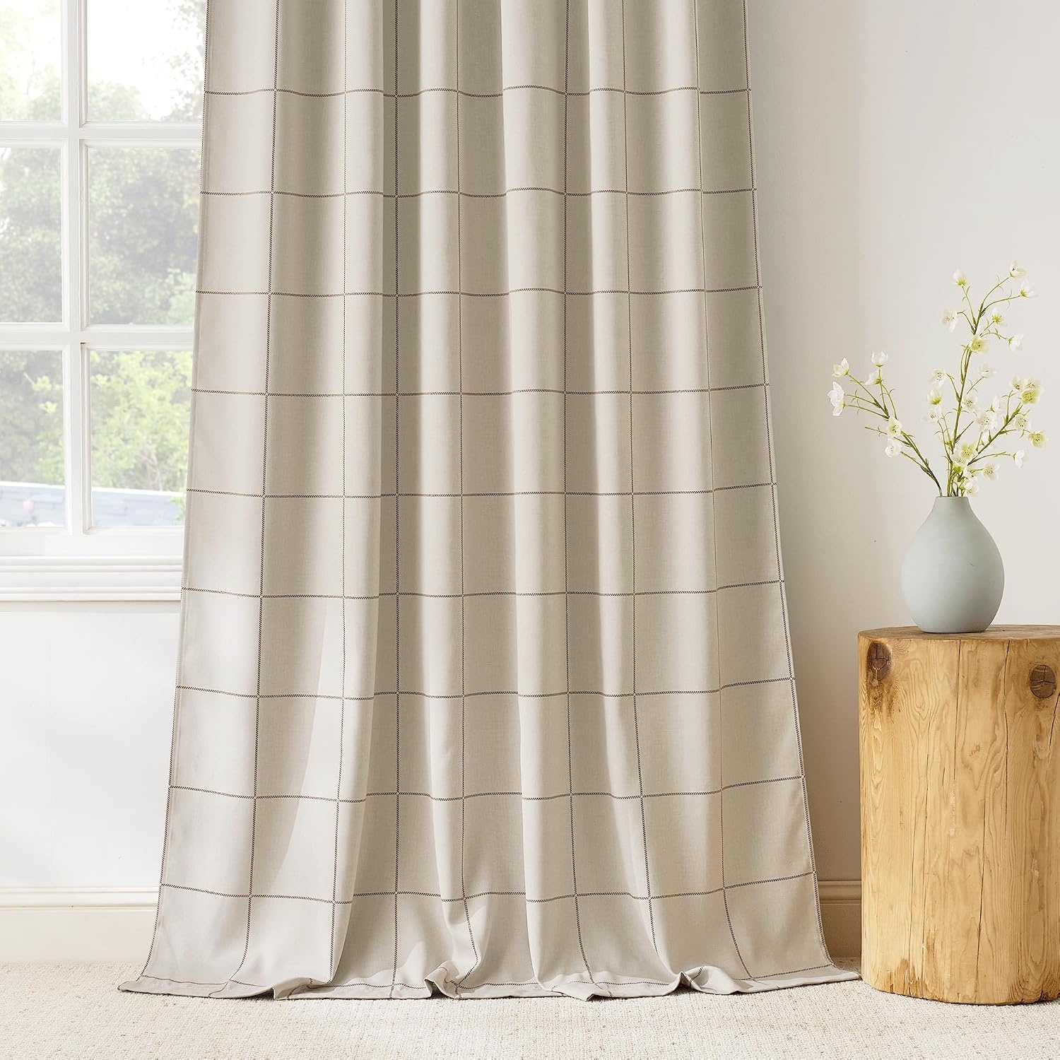 image:imageNICETOWN 100 Blackout Taupe Plaid Curtains for Bedroom W52xL84 2 PanelsTaupe