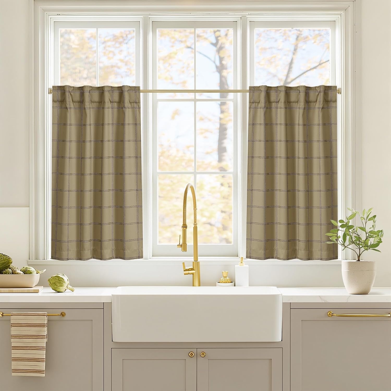 image:imageNICETOWN 100 Blackout Taupe Plaid Magnetic Roman Shade W24 x L64 1 PanelGrid Pattern Burlap White