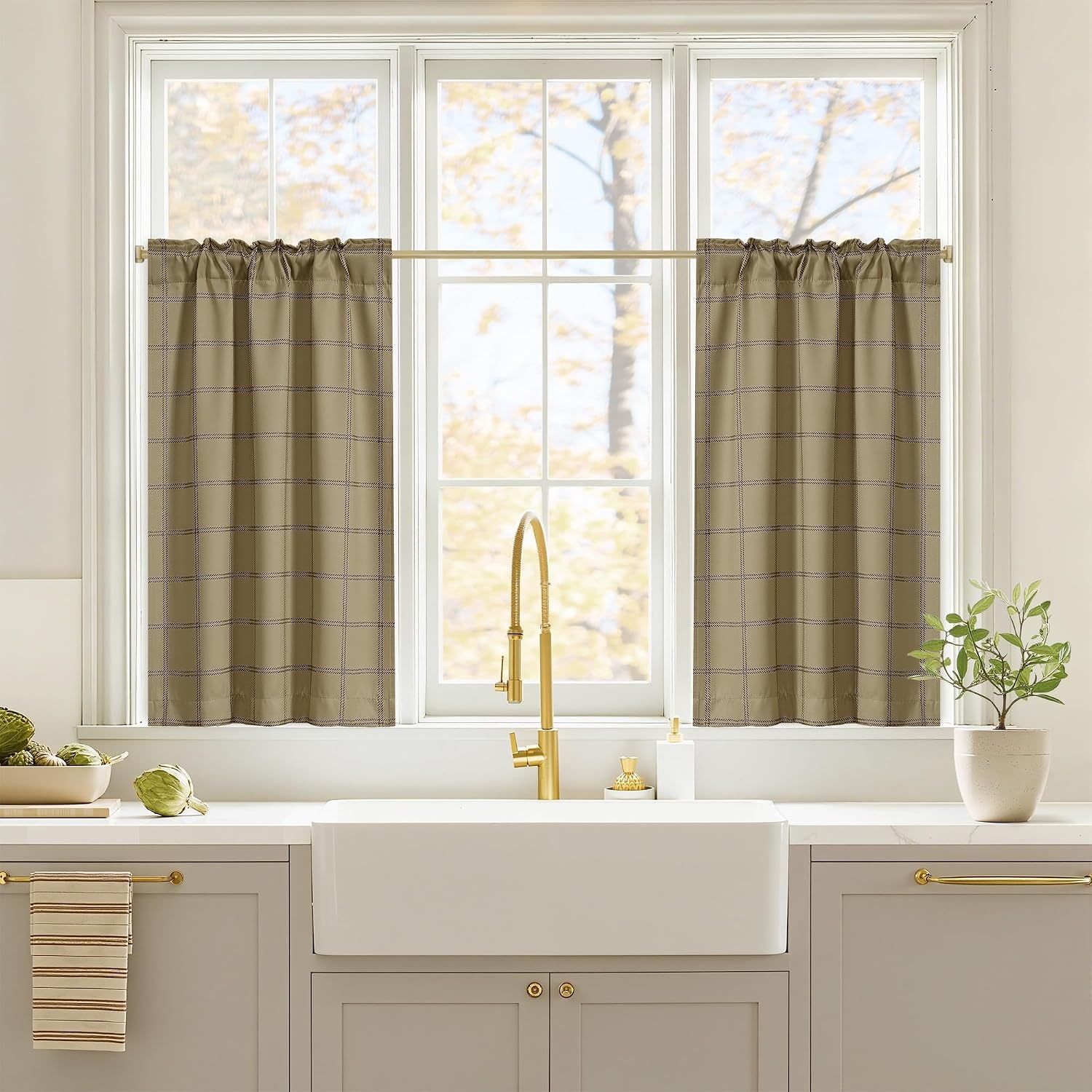 image:imageNICETOWN 100 Blackout Taupe Plaid Magnetic Roman Shade W24 x L64 1 PanelGrid Pattern Burlap White