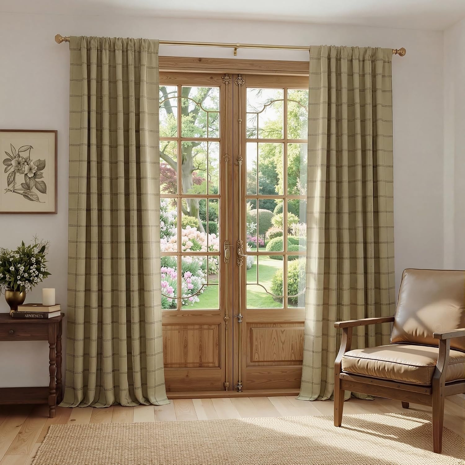 image:imageNICETOWN 100 Blackout Taupe Plaid Magnetic Roman Shade W24 x L64 1 PanelGrid Pattern Burlap White