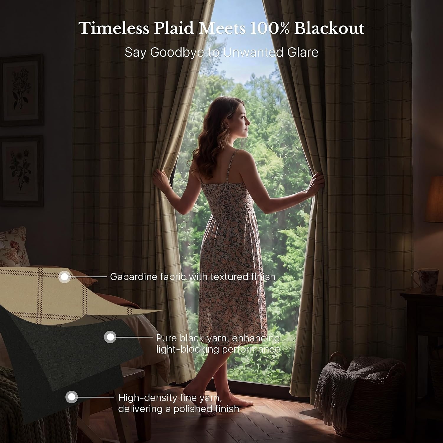 image:imageNICETOWN 100 Blackout Taupe Plaid Magnetic Roman Shade W24 x L64 1 PanelGrid Pattern Burlap White