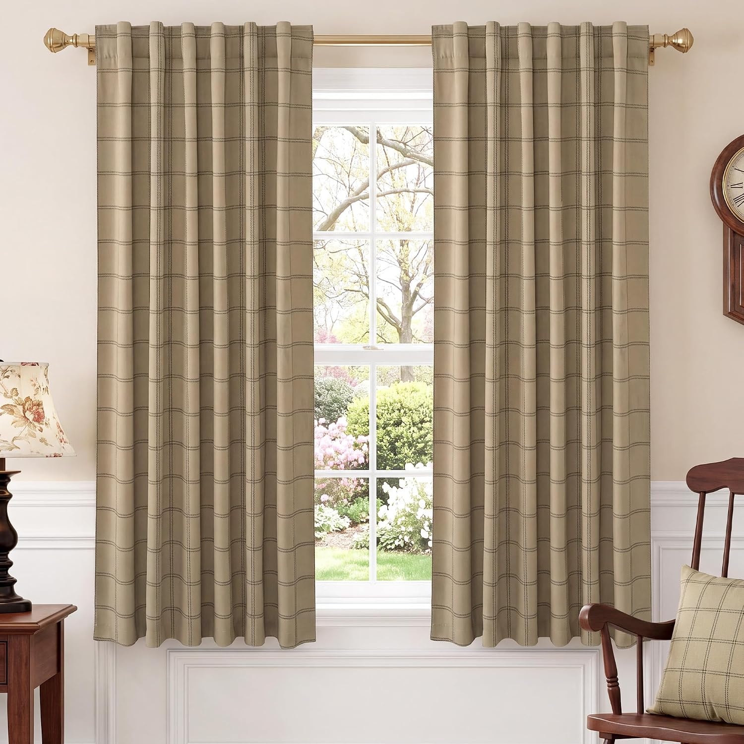 image:imageNICETOWN 100 Blackout Taupe Plaid Magnetic Roman Shade W24 x L64 1 PanelGrid Pattern Burlap White