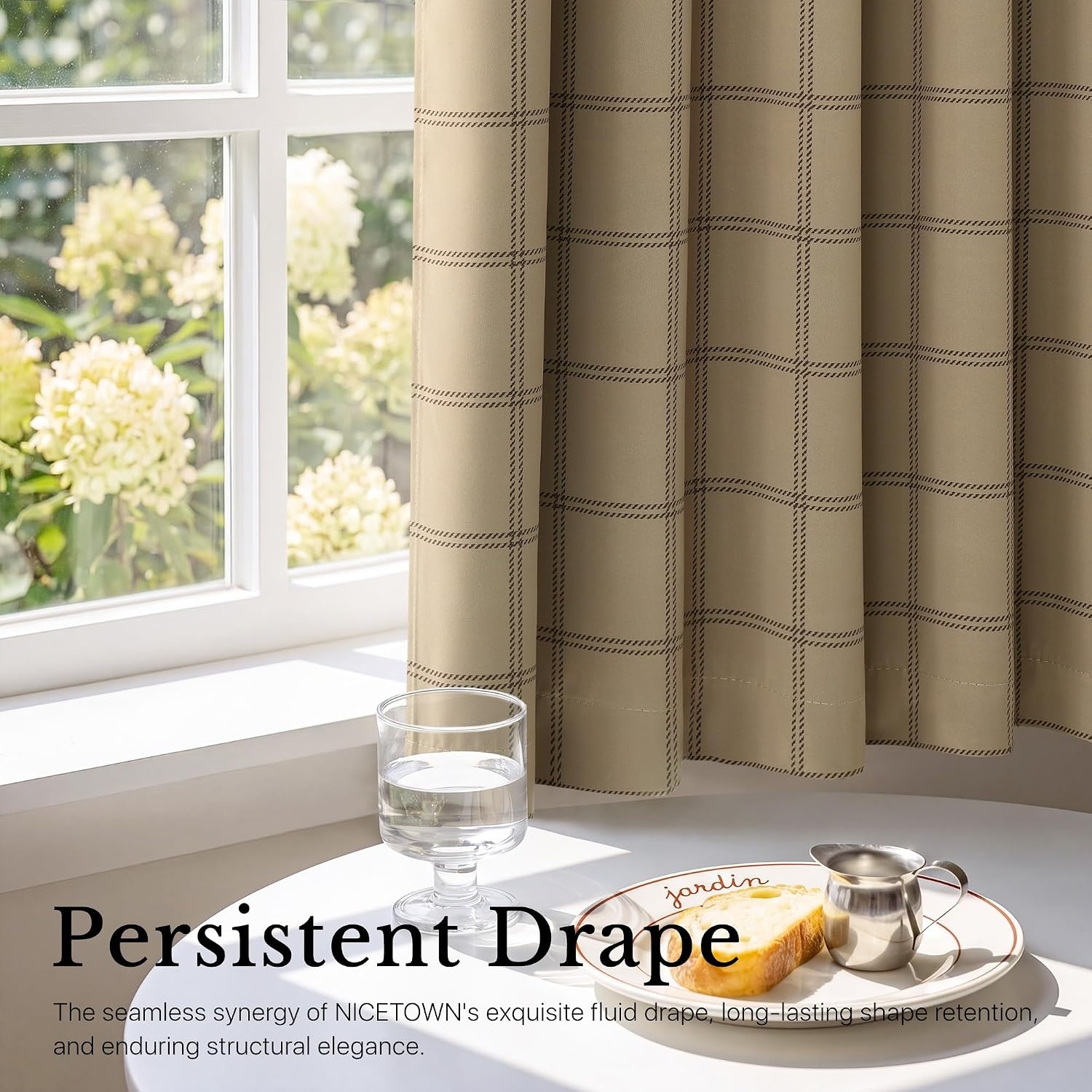 image:imageNICETOWN 100 Blackout Taupe Plaid Magnetic Roman Shade W24 x L64 1 PanelGrid Pattern Burlap White