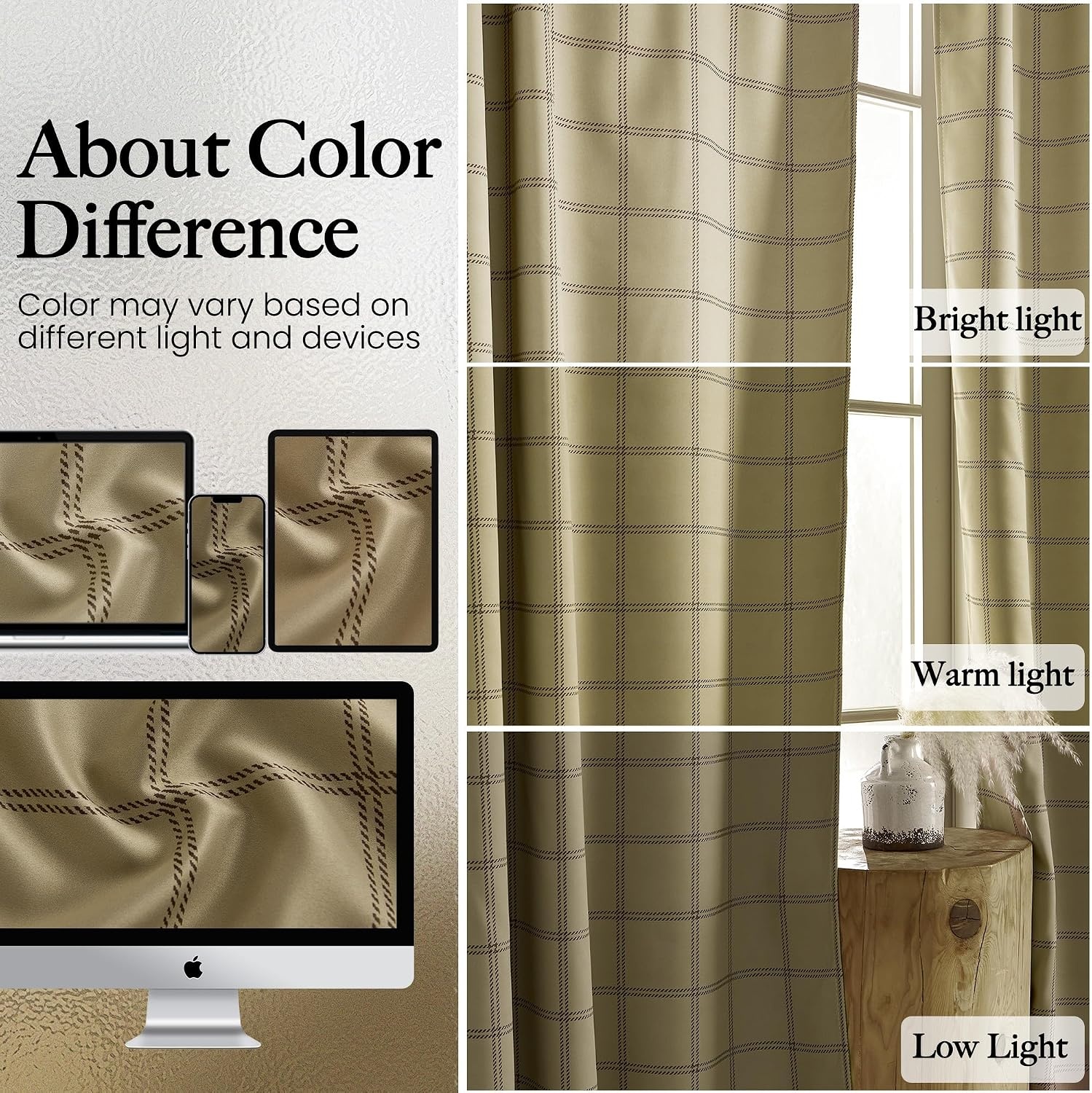 image:imageNICETOWN 100 Blackout Taupe Plaid Magnetic Roman Shade W24 x L64 1 PanelGrid Pattern Burlap White