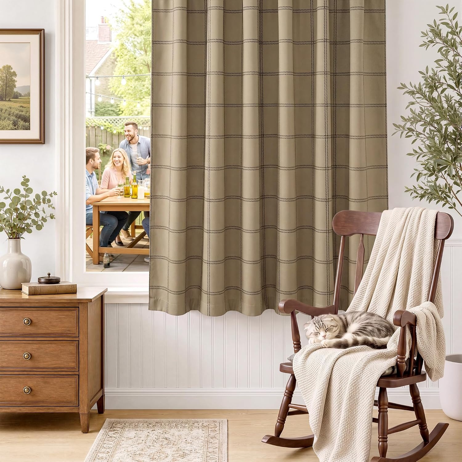 image:imageNICETOWN 100 Blackout Taupe Plaid Magnetic Roman Shade W24 x L64 1 PanelGrid Pattern Burlap White