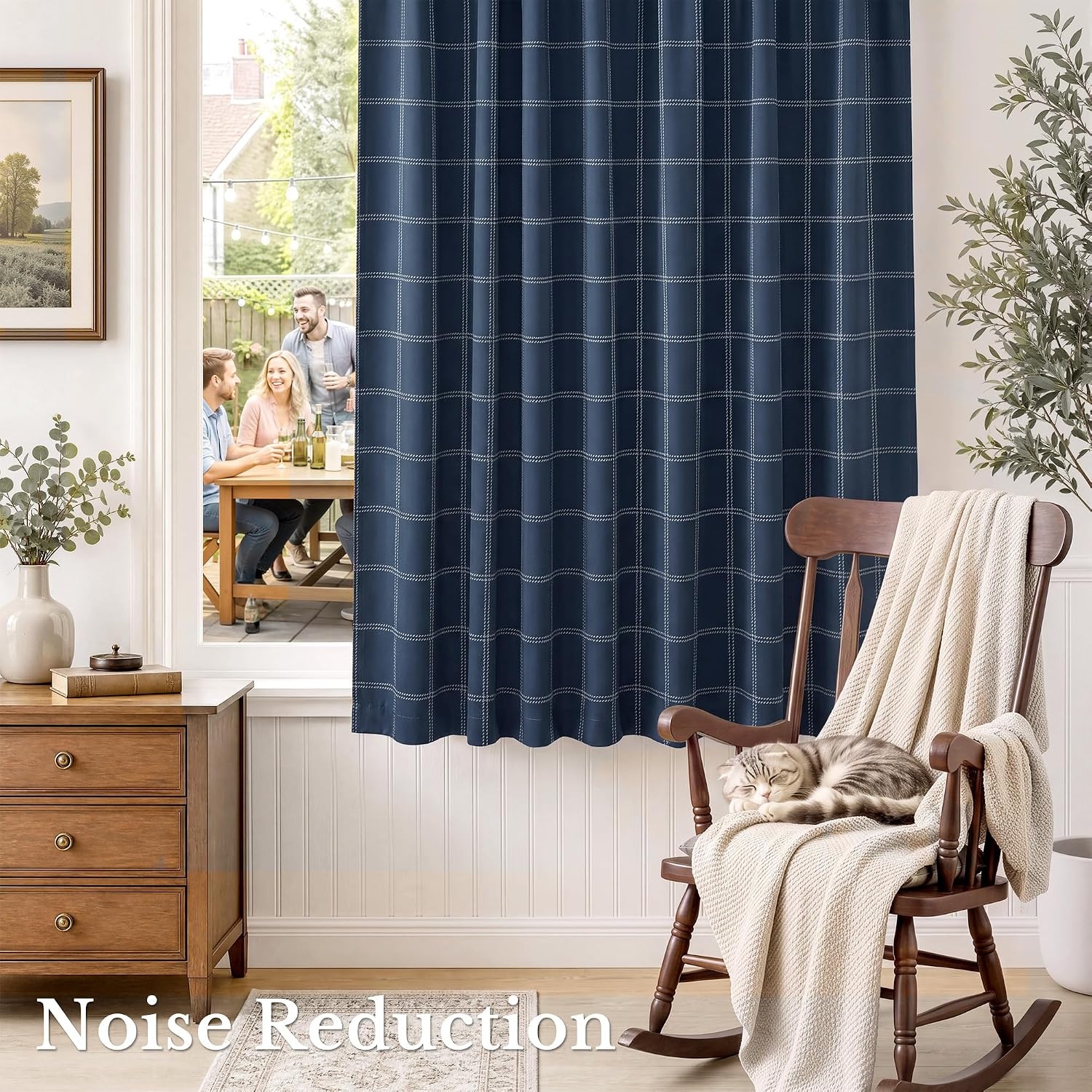 image:imageNICETOWN 100 Blackout Taupe Plaid Magnetic Roman Shade W24 x L64 1 PanelGrid Pattern Dark Blue White
