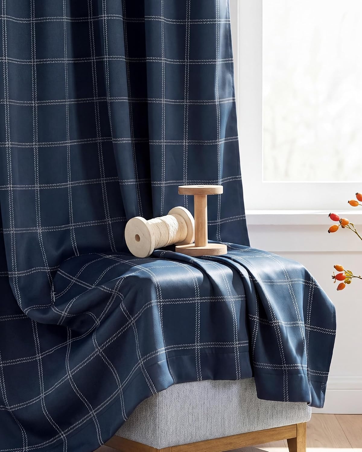 image:imageNICETOWN 100 Blackout Taupe Plaid Magnetic Roman Shade W24 x L64 1 PanelGrid Pattern Dark Blue White