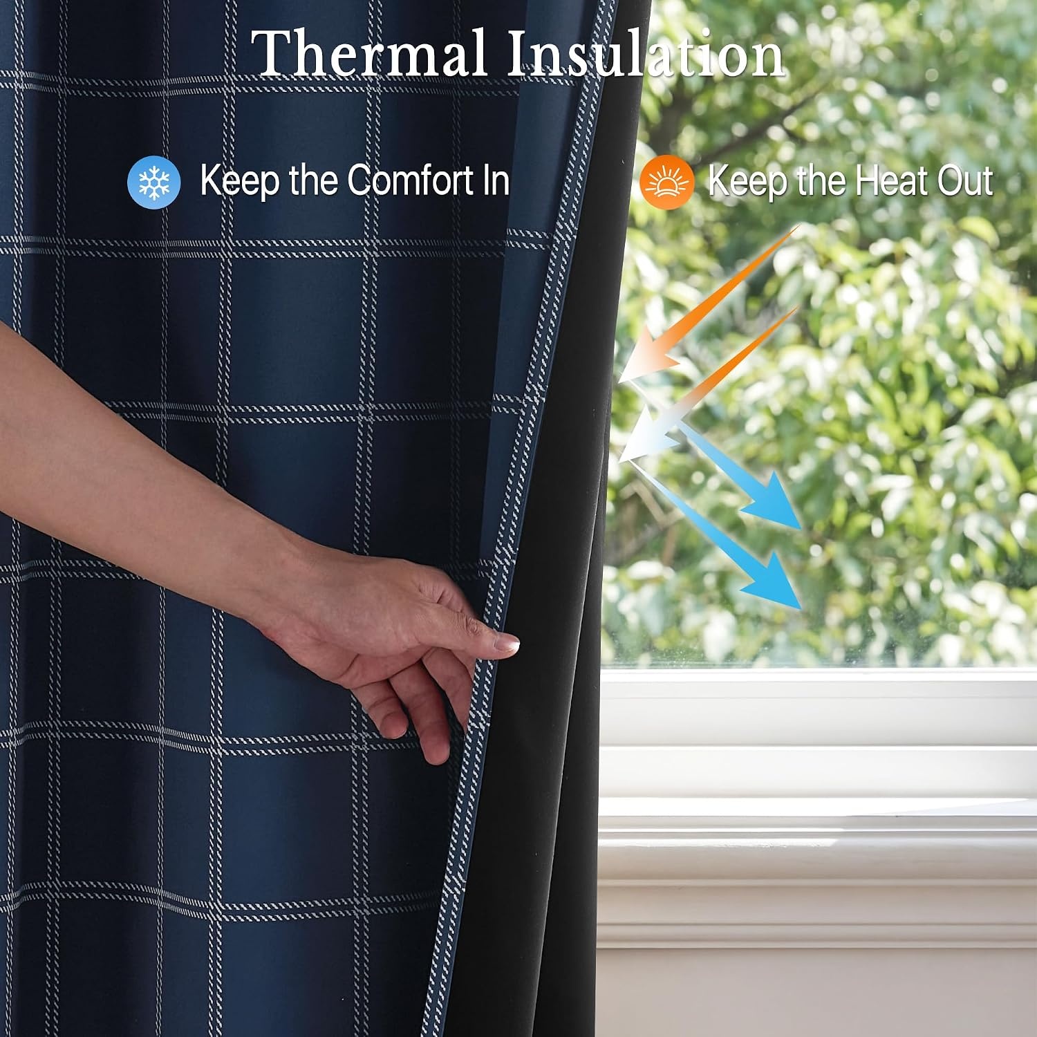 image:imageNICETOWN 100 Blackout Taupe Plaid Magnetic Roman Shade W24 x L64 1 PanelGrid Pattern Dark Blue White