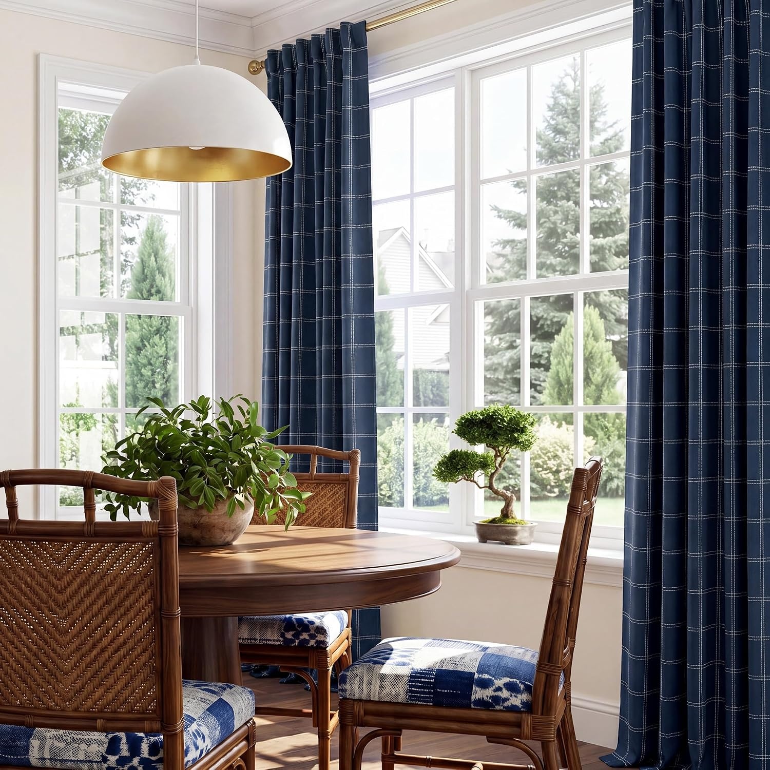 image:imageNICETOWN 100 Blackout Taupe Plaid Magnetic Roman Shade W24 x L64 1 PanelGrid Pattern Dark Blue White